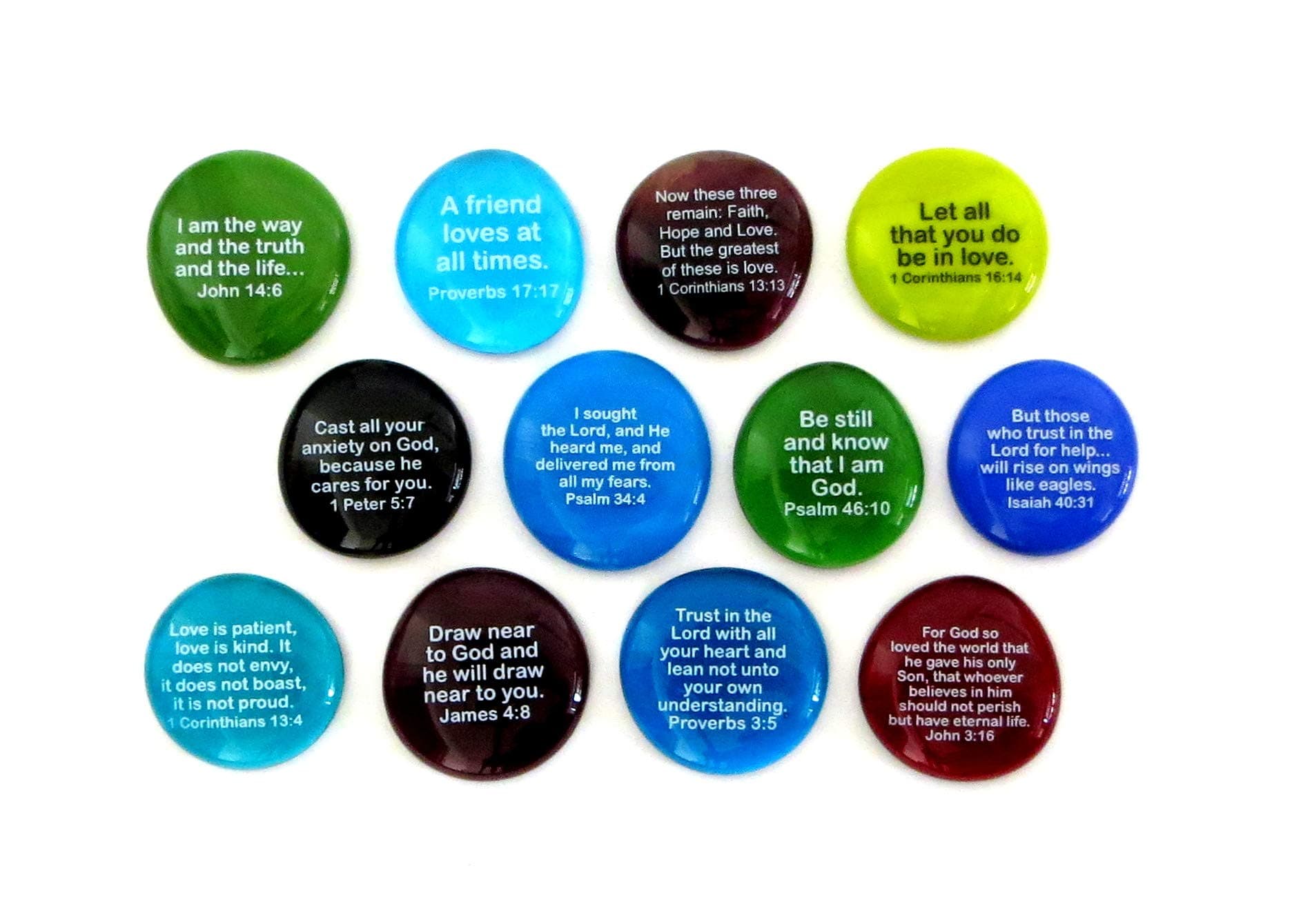 Lifeforce Glass Scripture Glass Stones, 12 of Your Favorite Inspiring Bible Verses on Translucent and Opaque Rocks, Set II.