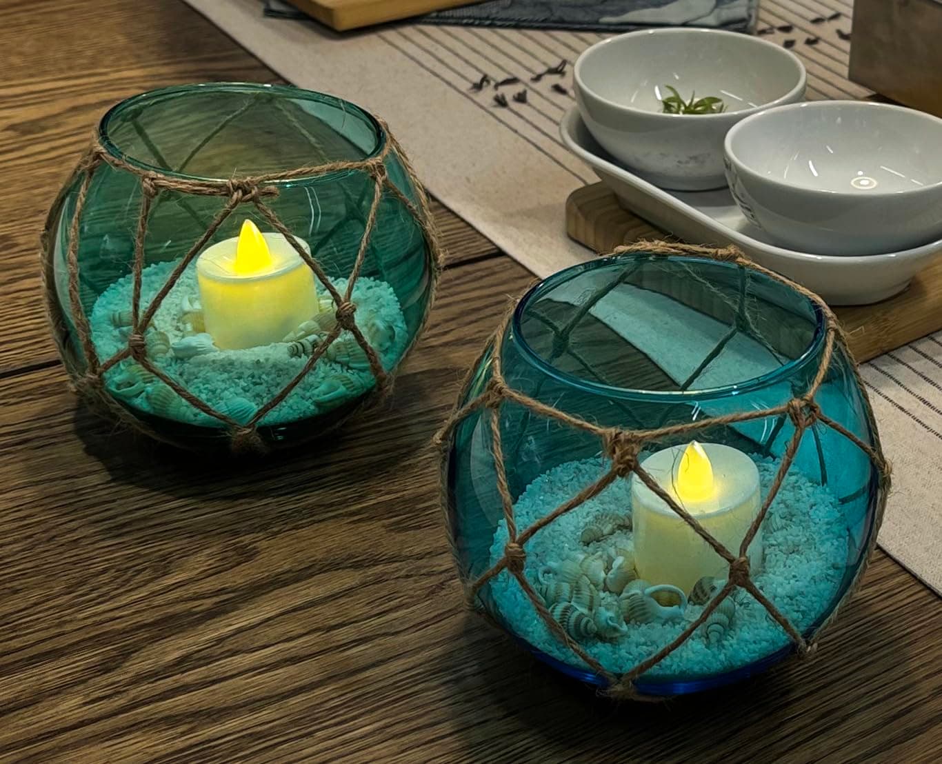 SAILINGSTORY Glass Fishing Float Tealight Candle Holder Nautical Coastal Beach Decor Teal and Blue Set of 2 Pack