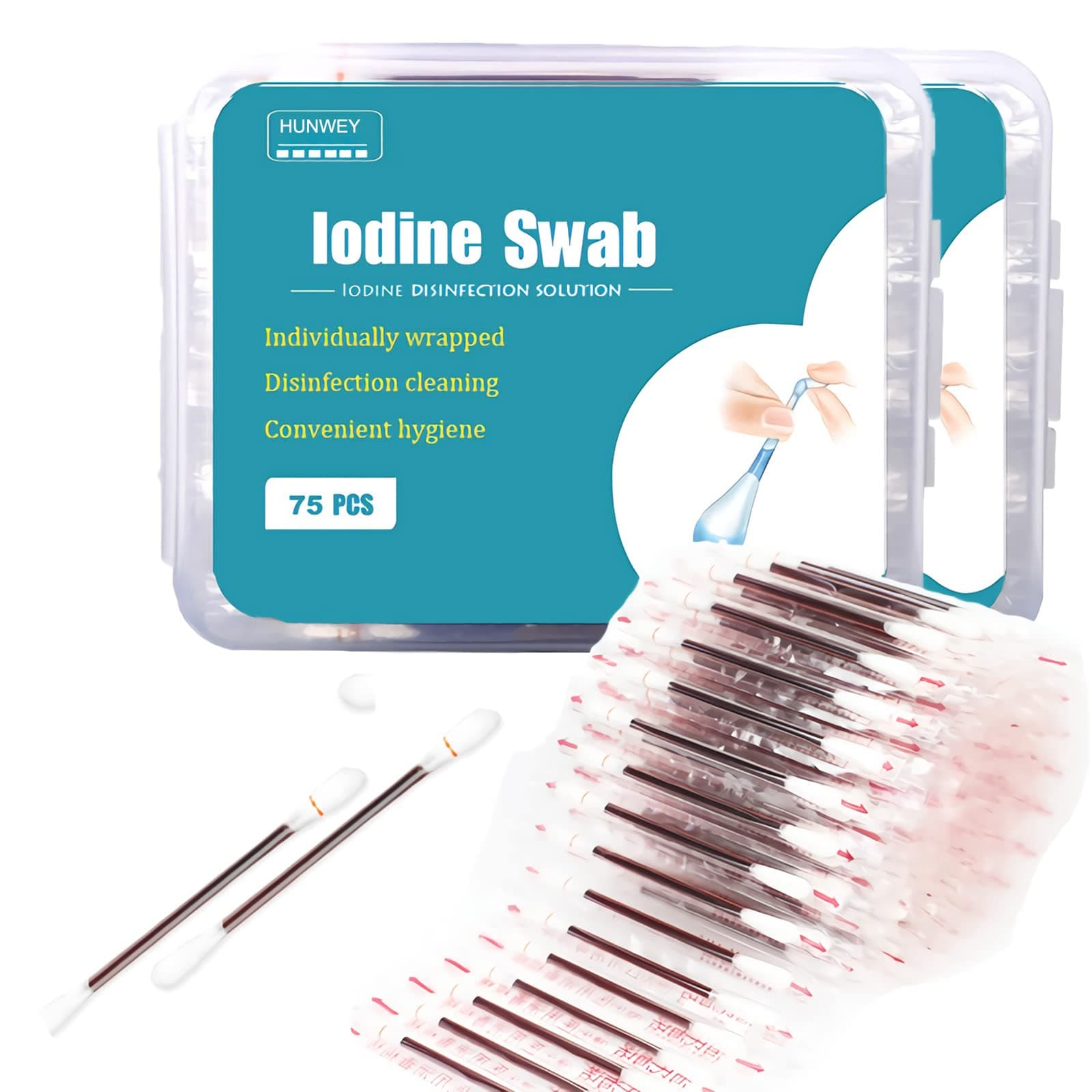 150 Individually Wrapped- Iodine Cotton Swabs Solution Filled| First Aid Swabsticks for Nasal Ears Bruise Travel