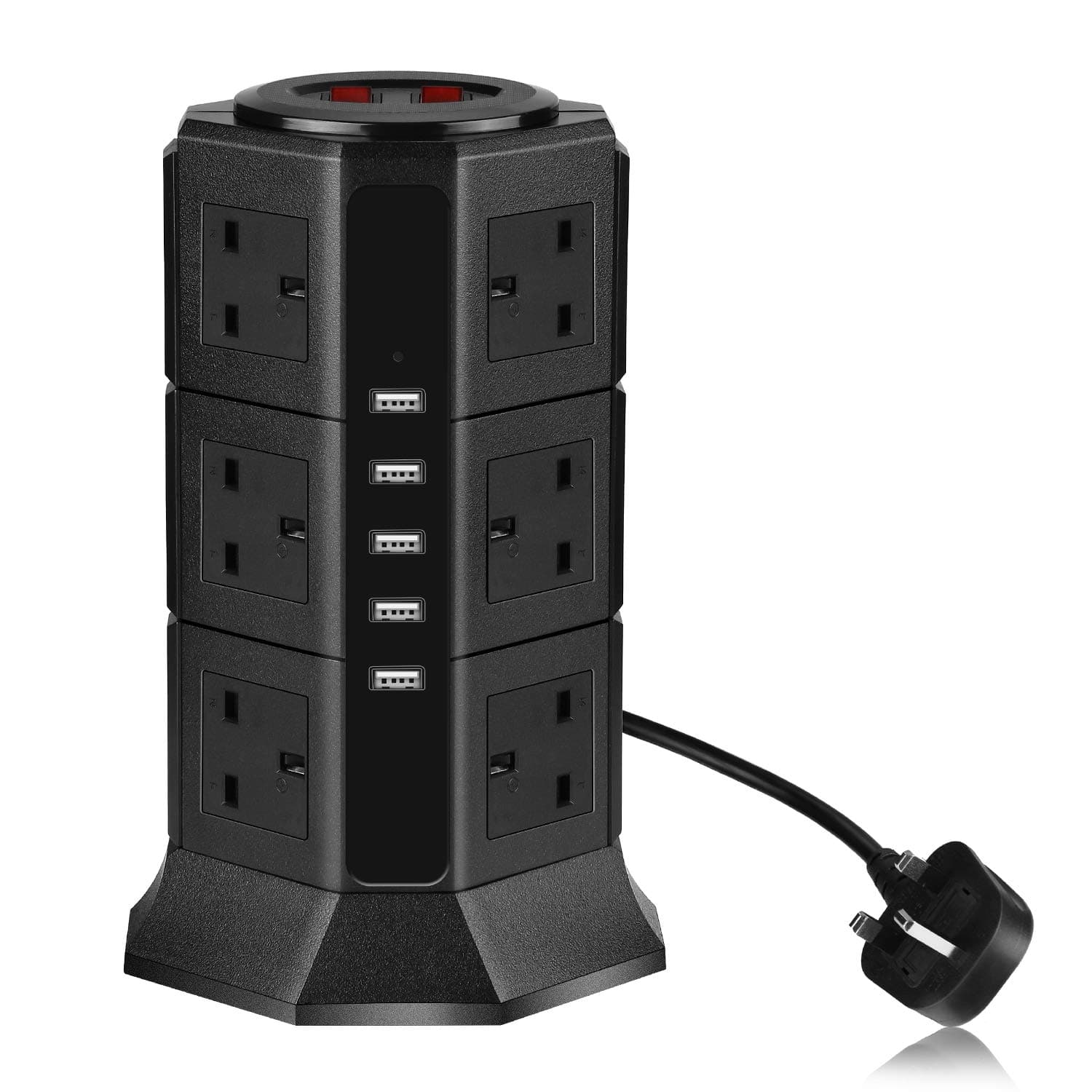 Extension Lead PRITEK 12 Way Outlets 1000J Surge Protector Vertical Power Strip with 5 USB Charging Ports 10A/2500W Overload Protection Extension Socket with 6.5ft Extension Cord (Black)