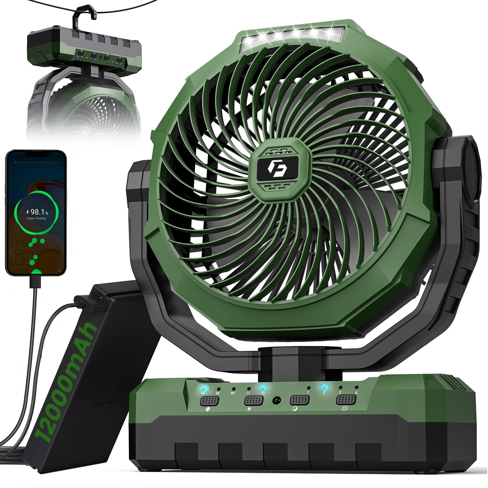 FRIZCOL 12000mAh Camping Fan [70H Max], 9-Inch Portable Rechargeable Fan, Detachable Battery Powered Fan with 4 Speeds, Light, Timer, Remote, Hook for Outdoor Tent, Travel, Picnic, Jobsite - Green
