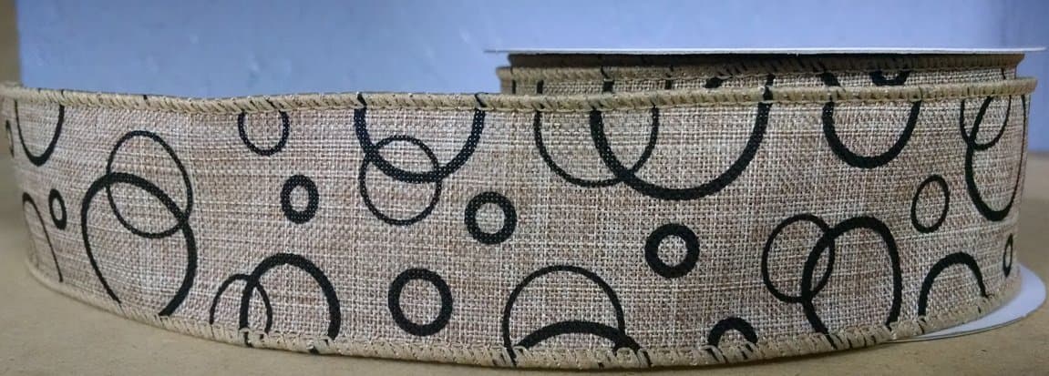 Printed Burlap Ribbon - Black Circles1.5in Wired Ribbon - 5 Yards