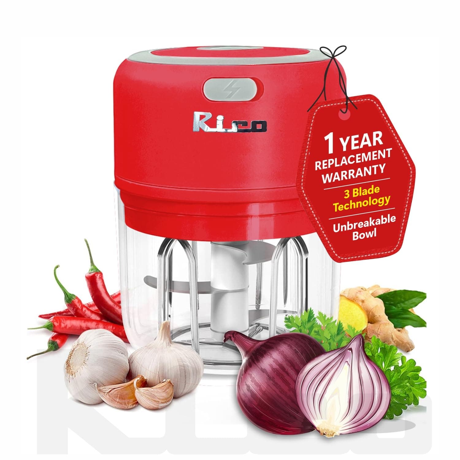 Rico Japanese Technology Wireless Mini Electric Chopper | 1 Year Replacement Warranty | Unbreakable Bowl| One Touch Operation| 10 Seconds for Mincing Garlic, Ginger, Onion, Vegetable, Meat - 250 ML