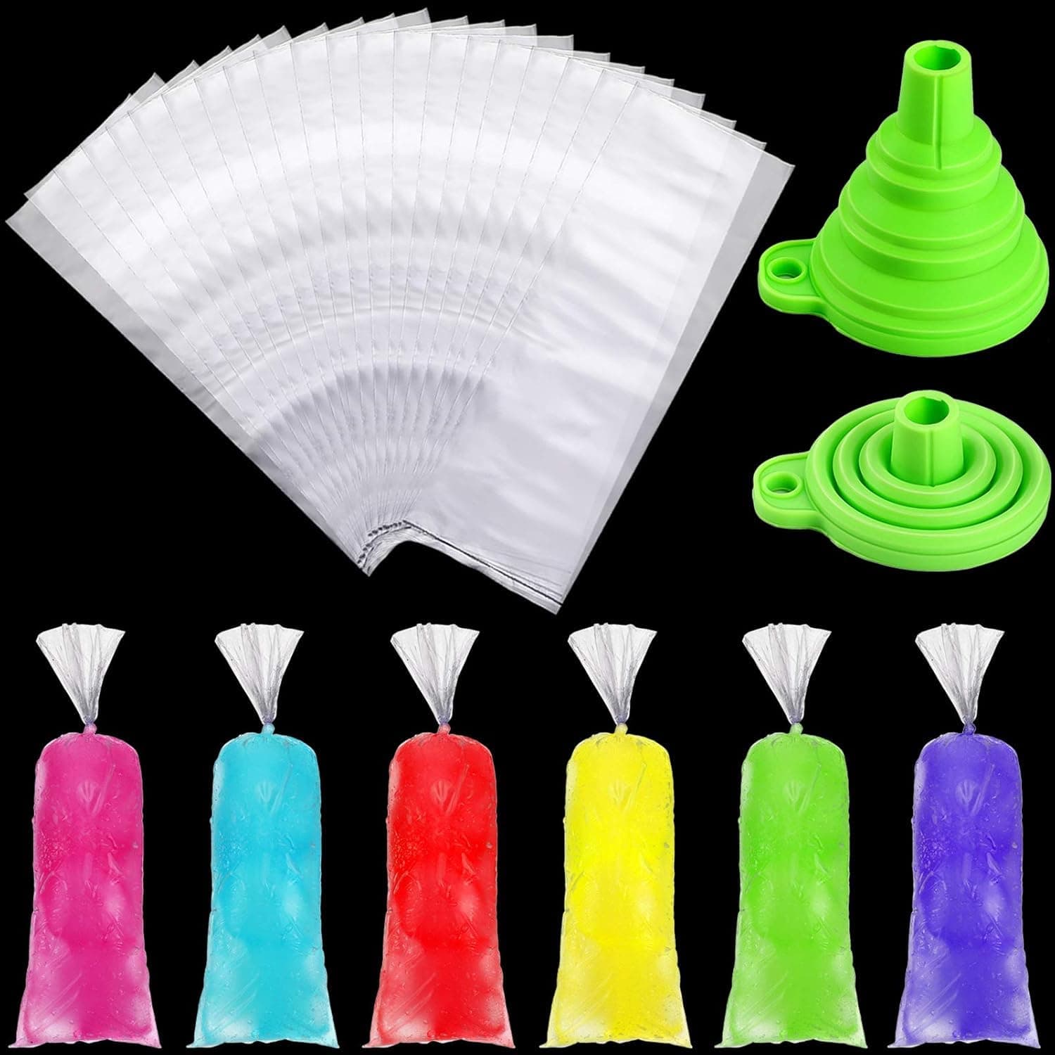 Boao 240 Pieces Ice Lolly Bags Disposable Ice Lolly Mold Plastic Candy Freeze Pop Bags with Silicone Funnel for Making Yogurt Candy (2 x 12 Inch)