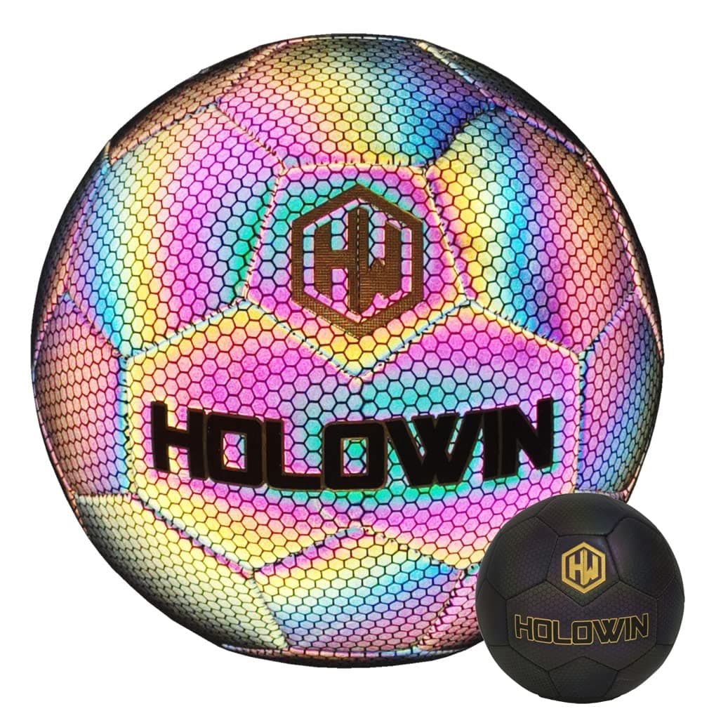HW HOLOWIN Holographic Luminous Soccer Ball for Night Games & Training, Glowing in The Dark Light Up Reflective with Camera Flash Reflects Light Gifts, & Men (Size 5, Black)