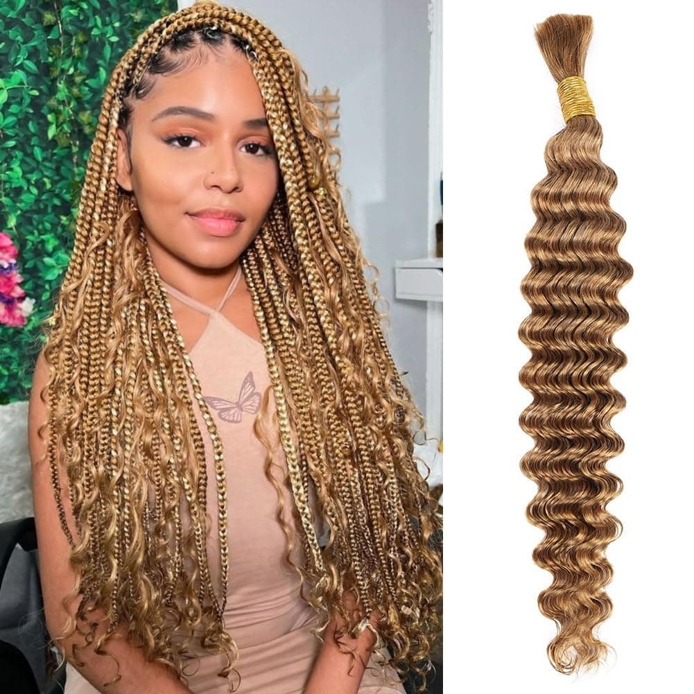 Deep Wave Bulk Human Braiding Hair 50g 16 Inch Honey Blonde Human Braiding Hair for Boho Braids 1 Bundle/Pack No Weft Color 27# 100% Brazilian Human Braiding Hair Extensions for Micro Braiding