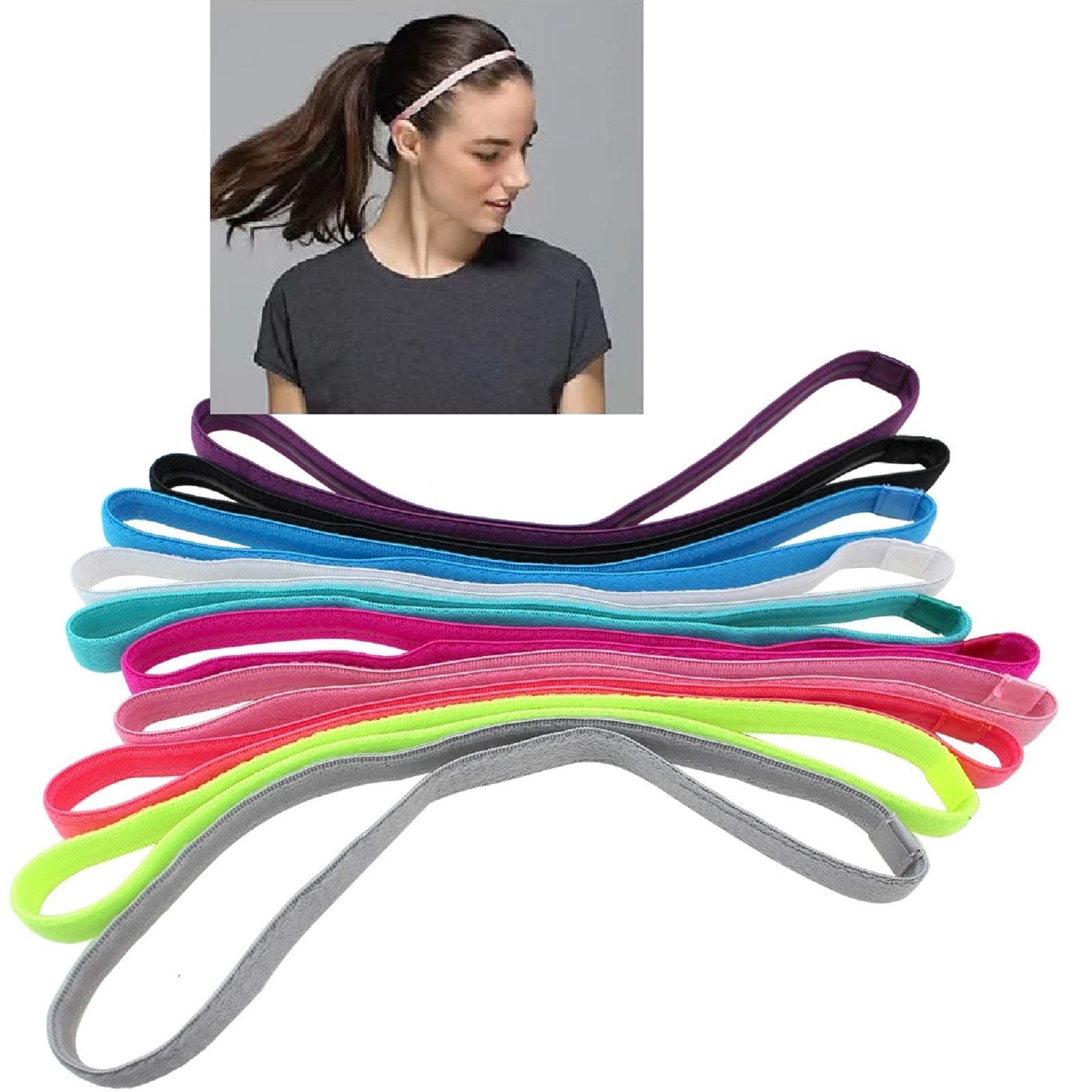 Girls Sport Headbands Non-Slip Hairband - Athletic Grip Elastic Single Skinny Sweatbands for Guide Sweat When Running Soccer Basketball Yoga Tennis Cycling 10 Pack