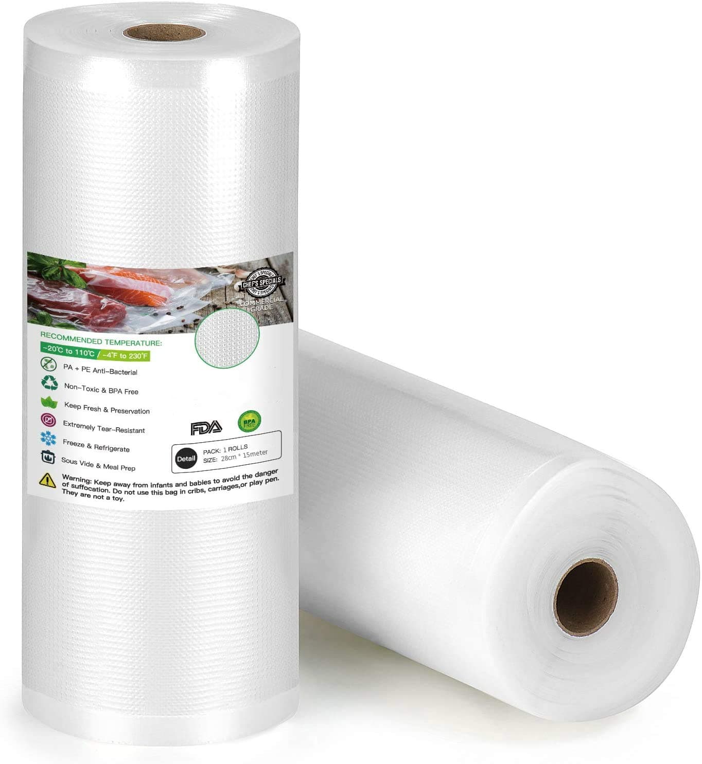 Vacuum Sealer Rolls 28cm x 15meter.Commercial Grade Food Saver Bags Rolls.Work with Foodsaver. Perfect for Sous Vide.BPA Free