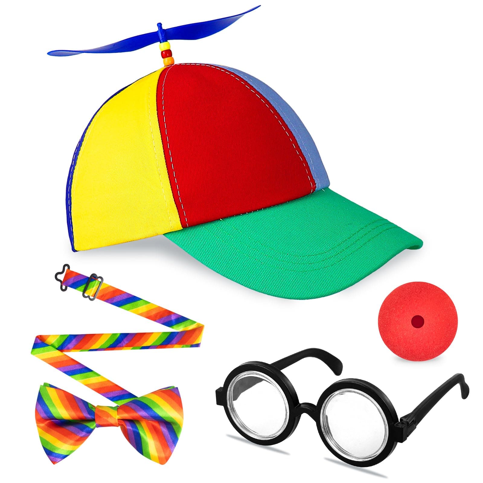 4 Pcs Propeller Hat Set, Helicopter Clown Hat with Spinning Propeller, Colorful Patchwork Rainbow Propeller Cap, Adjustable Funny Party hat, Summer Sun Protection Sun Hat for Fancy Dress Party