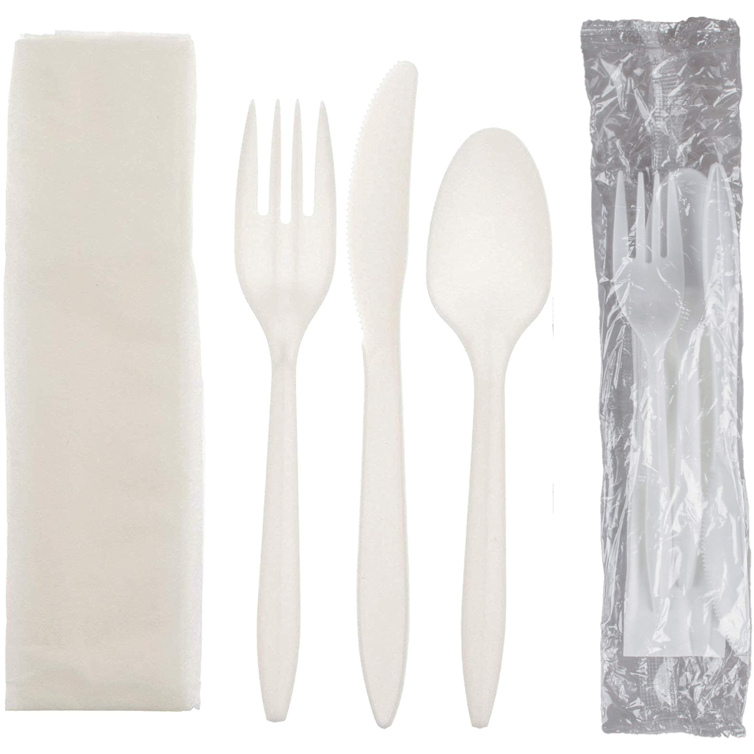 Disposable Plastic Cutlery Set 250-Pack Individually Wrapped Utensil Kit – Silverware Set Includes: Fork, Knife, Tea Spoon, Napkin – Perfect M/W Flatware Set for Events, Lunches, Restaurants, Picnics