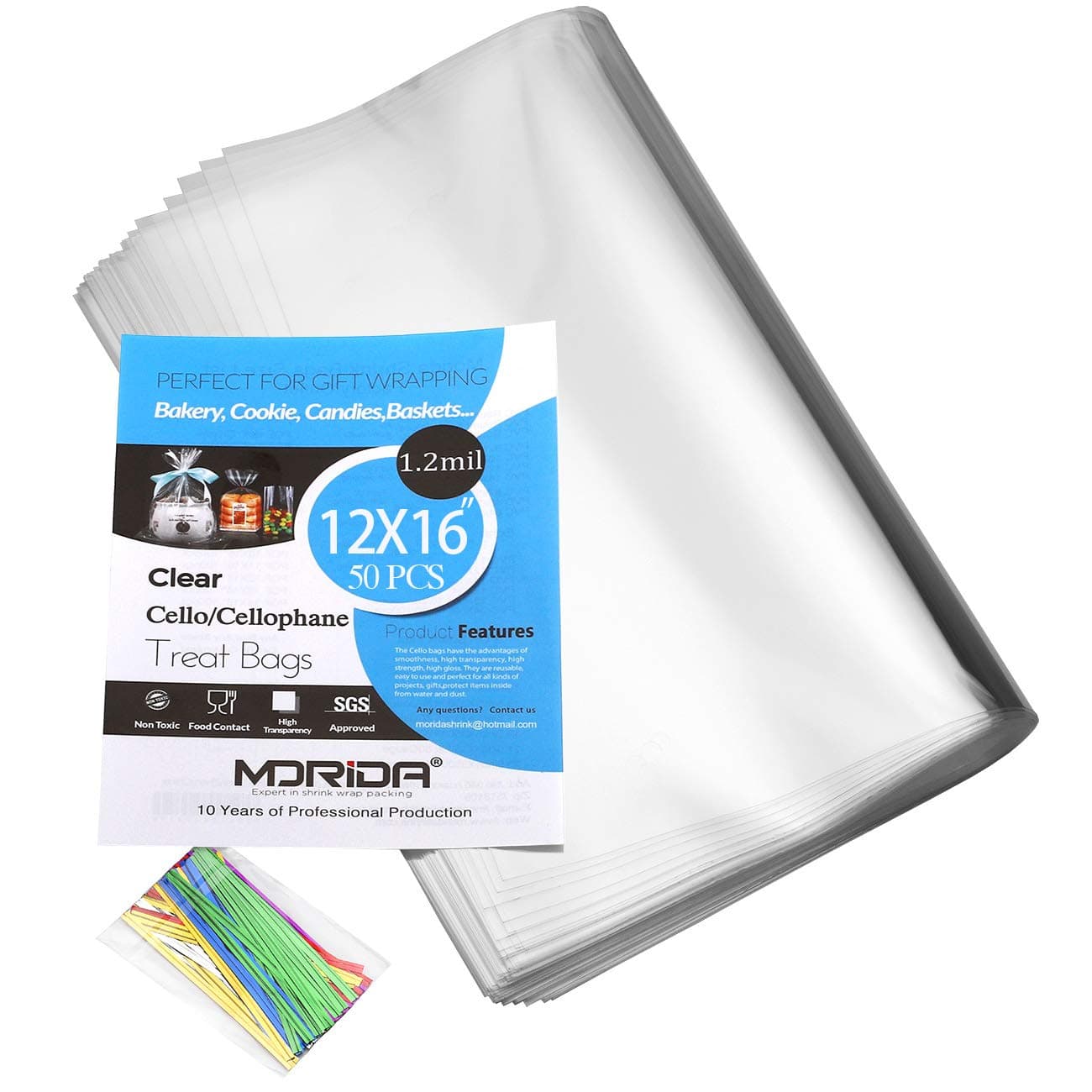 50 Pcs 12x16 inch Cello Cellophane Treat Bags Clear Flat for Gift Wrapping, Bakery, Cookie, Candies, Dessert, Baskets Packaging with Color Twist Ties