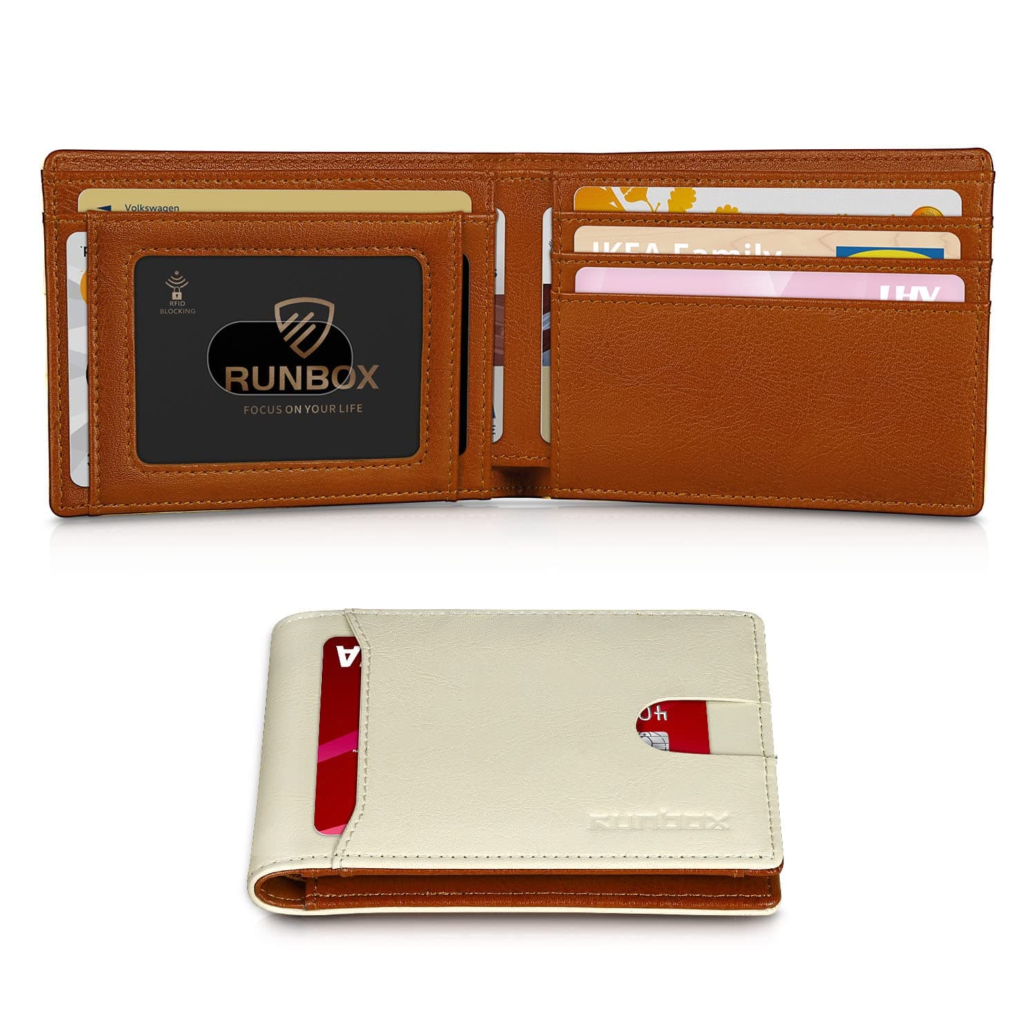 RUNBOXSlim Wallet for Men Minimalist Leather Bifold RFID Blocking with Gift Box White & Brown