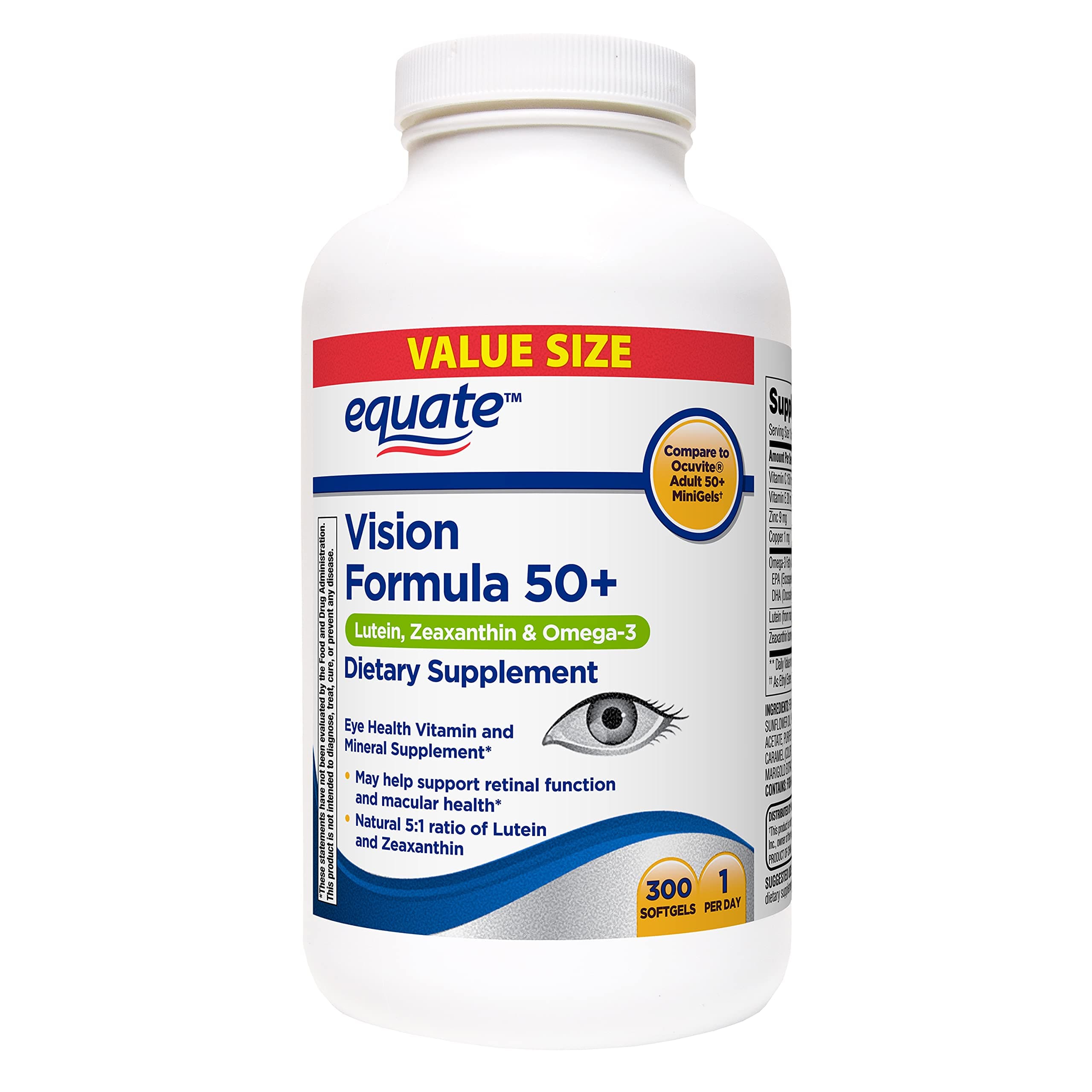 Equate Vision Formula 50+ Lutein, Zeaxanthin & Omega-3, 300 Softgels
