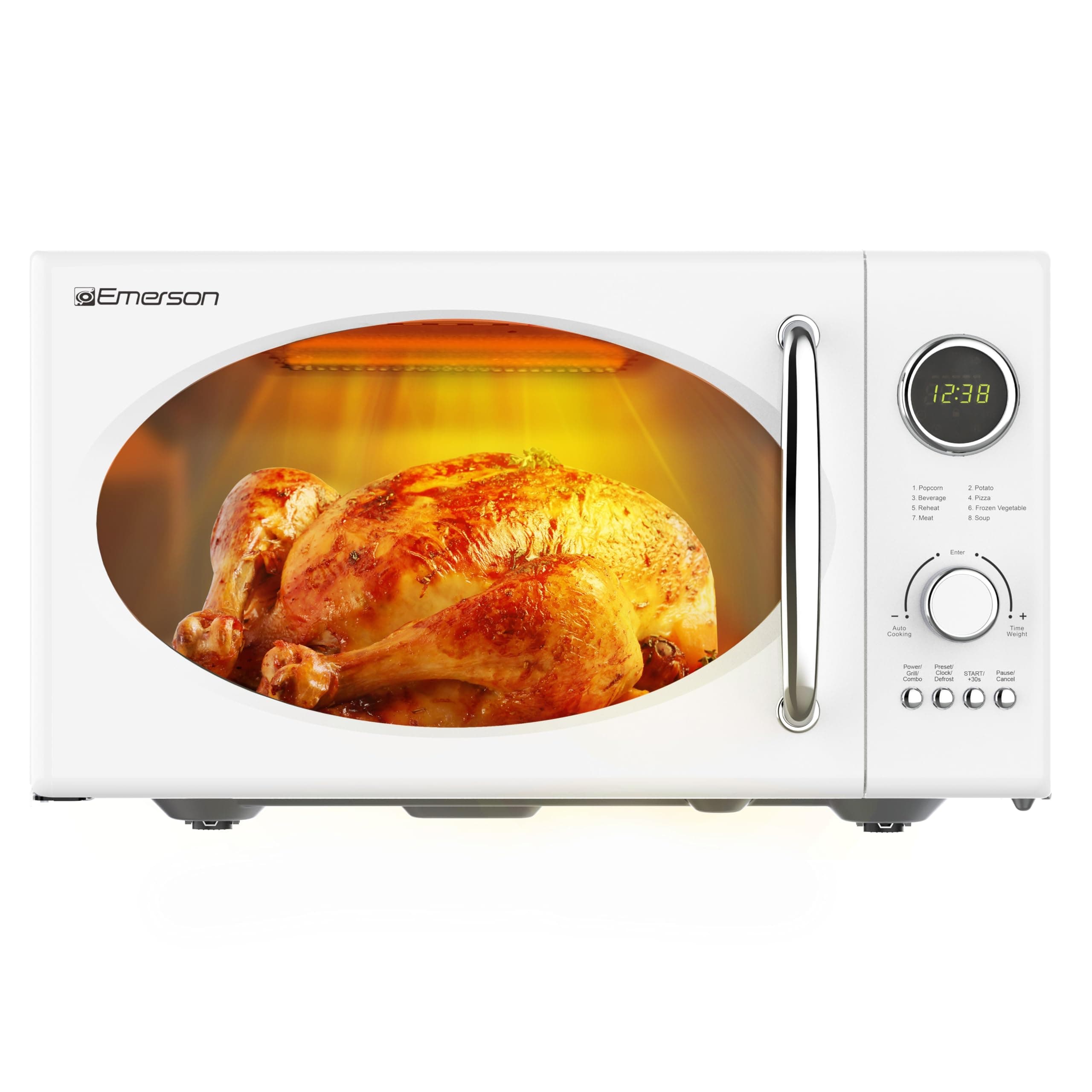 MWRG0901W 0.9 Cu. Ft. Retro Microwave with 1,000W Grill Function, 800W Cooking Power, LED Display, 5 Power Levels, 8 Auto Menus, Glass Turntable, Child Lock, White Countertop Design