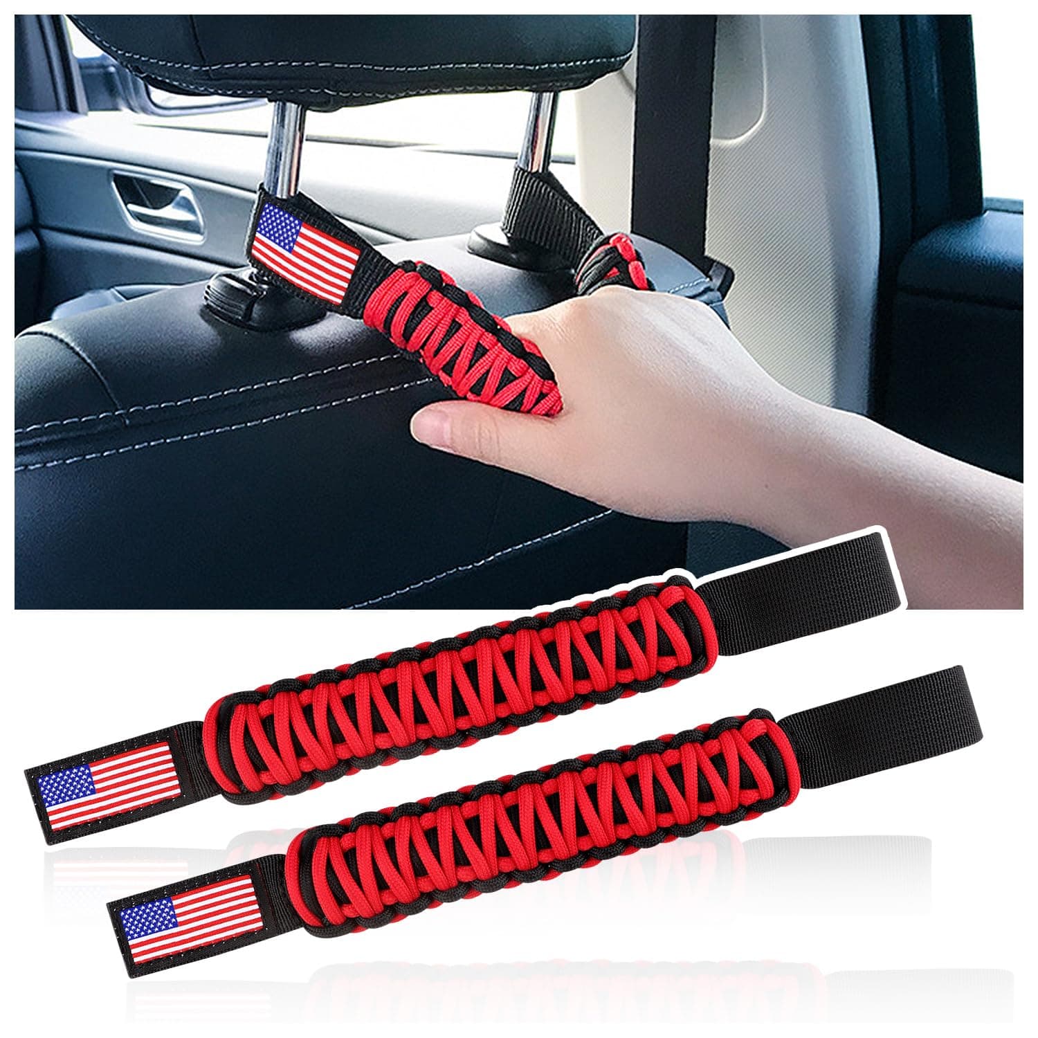 2PCS US Flag Safety Anti-Collision Headrest Grab Handles - Universal Paracord Rear Seat Grab Handles Compatible with Jeep Wrangler YJ TJ JK,Toyota Tacoma,Ford Bronco (Red/2pcs)