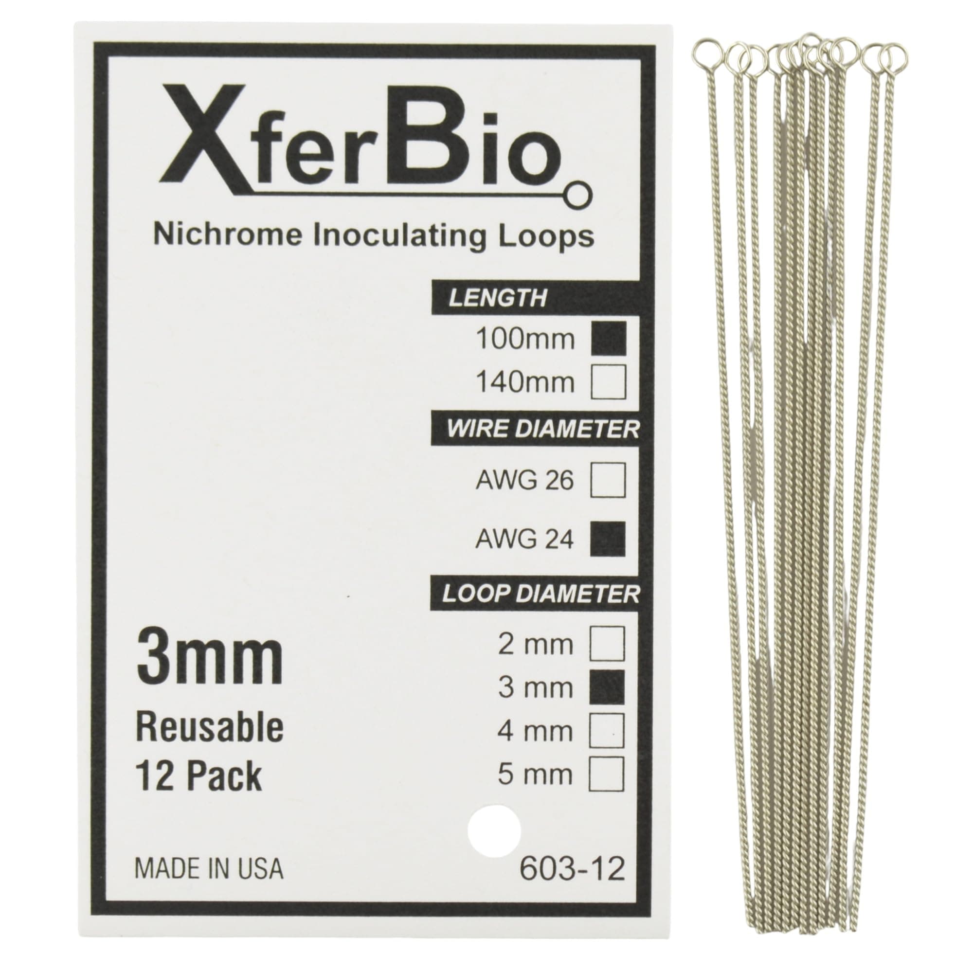 603-12 3mm x 100mm Reusable Inoculating Loops, Nichrome A (12 Pack)