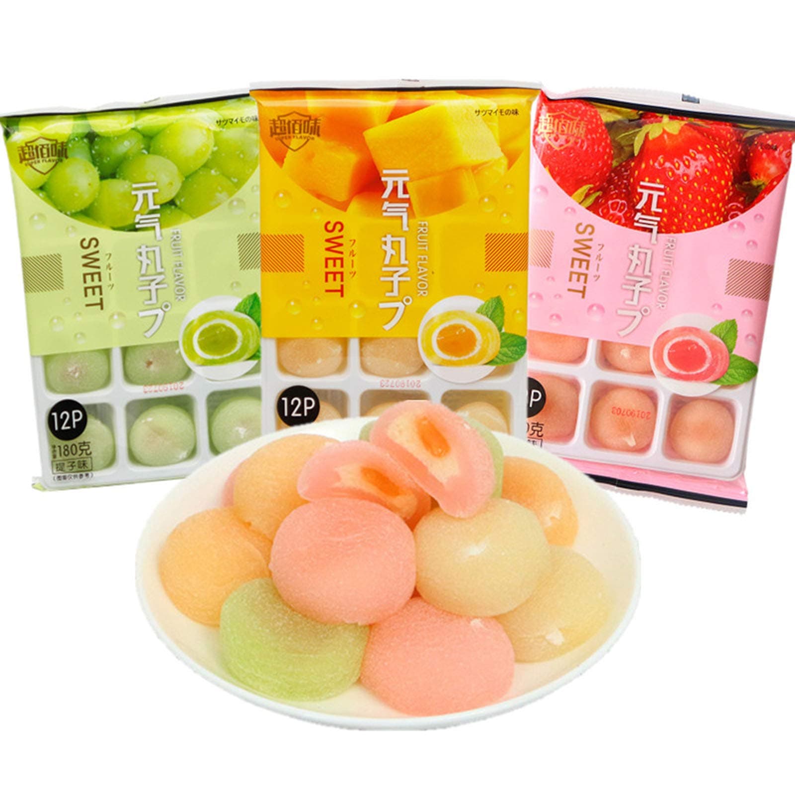 540g Japanese Mochi Fruits Rice Cake, Traditional Pastry Dessert Mochi, Strawberry, Grape, Mango 3 Flavors Mixed Packaging, for the Perfect Dessert for Office and Leisure Time