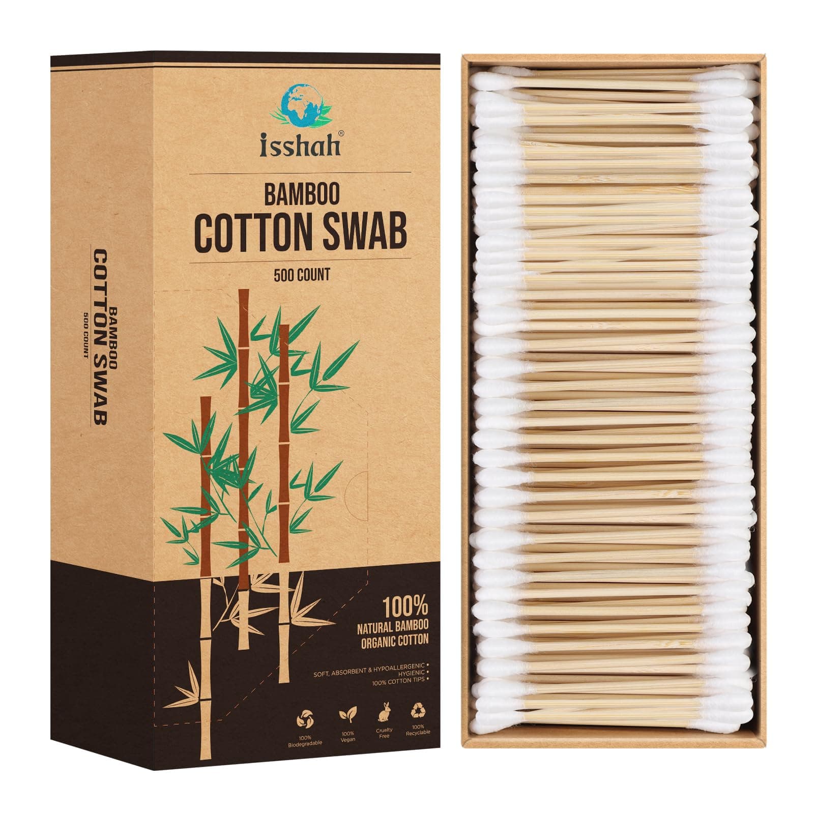 Bamboo Cotton Swabs - 500 Count - Vegan Cotton Swabs, Eco Friendly Q Tips, Plastic Free Ear Sticks, All Natural 100% Biodegradable Organic Cotton buds by