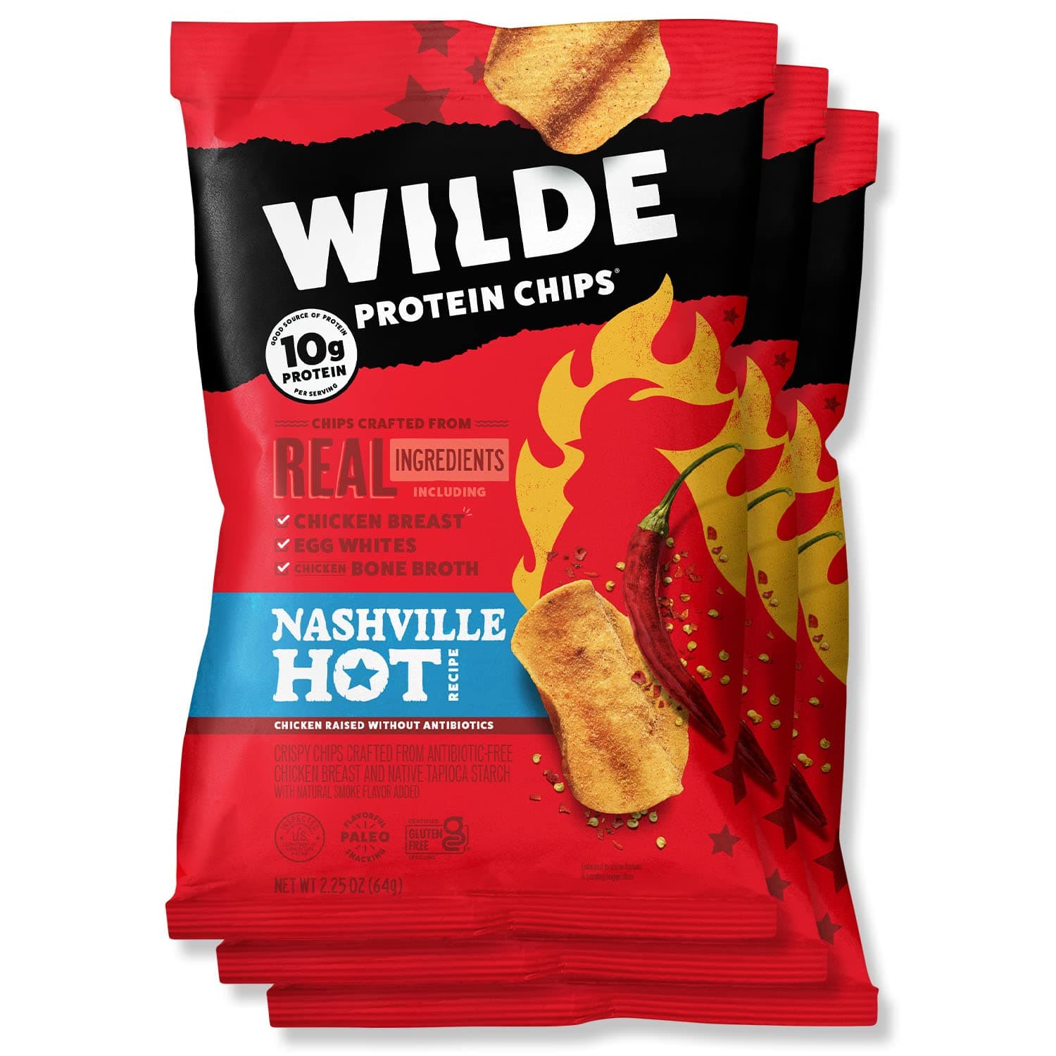 WILDE Nashville Hot Protein Chips, Thin and Crispy, High Protein, Keto friendly, Made with Real Ingredients 2.25oz Bags (Pack of 3)…