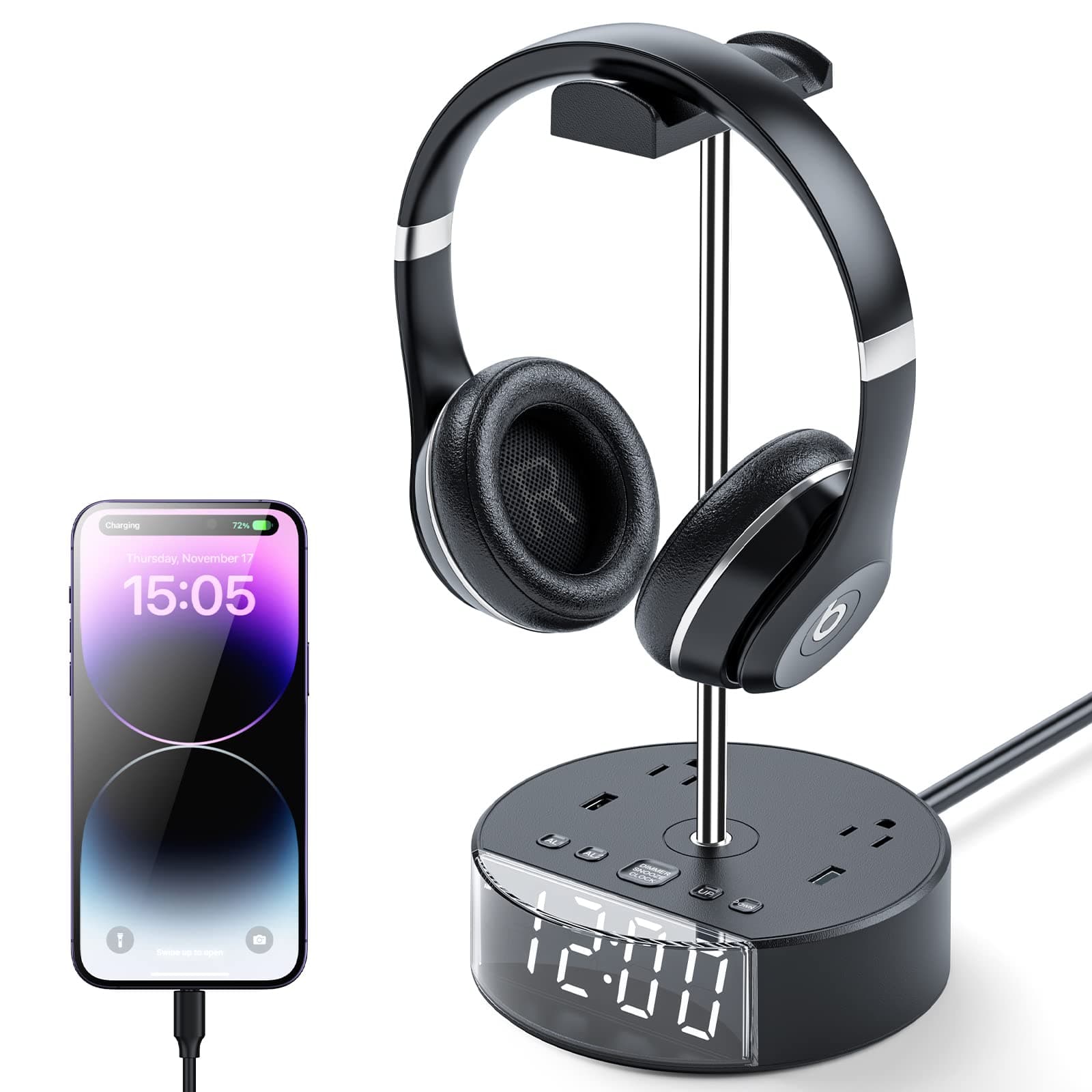 ZEAGUSHeadphone Stand with Alarm Clock, Gaming Headphone Stand for Desk,Headphone Holder with 2 USB Charging Ports and 2 Power Outlets,Headset Stand Suitable for All Earphone Accessories