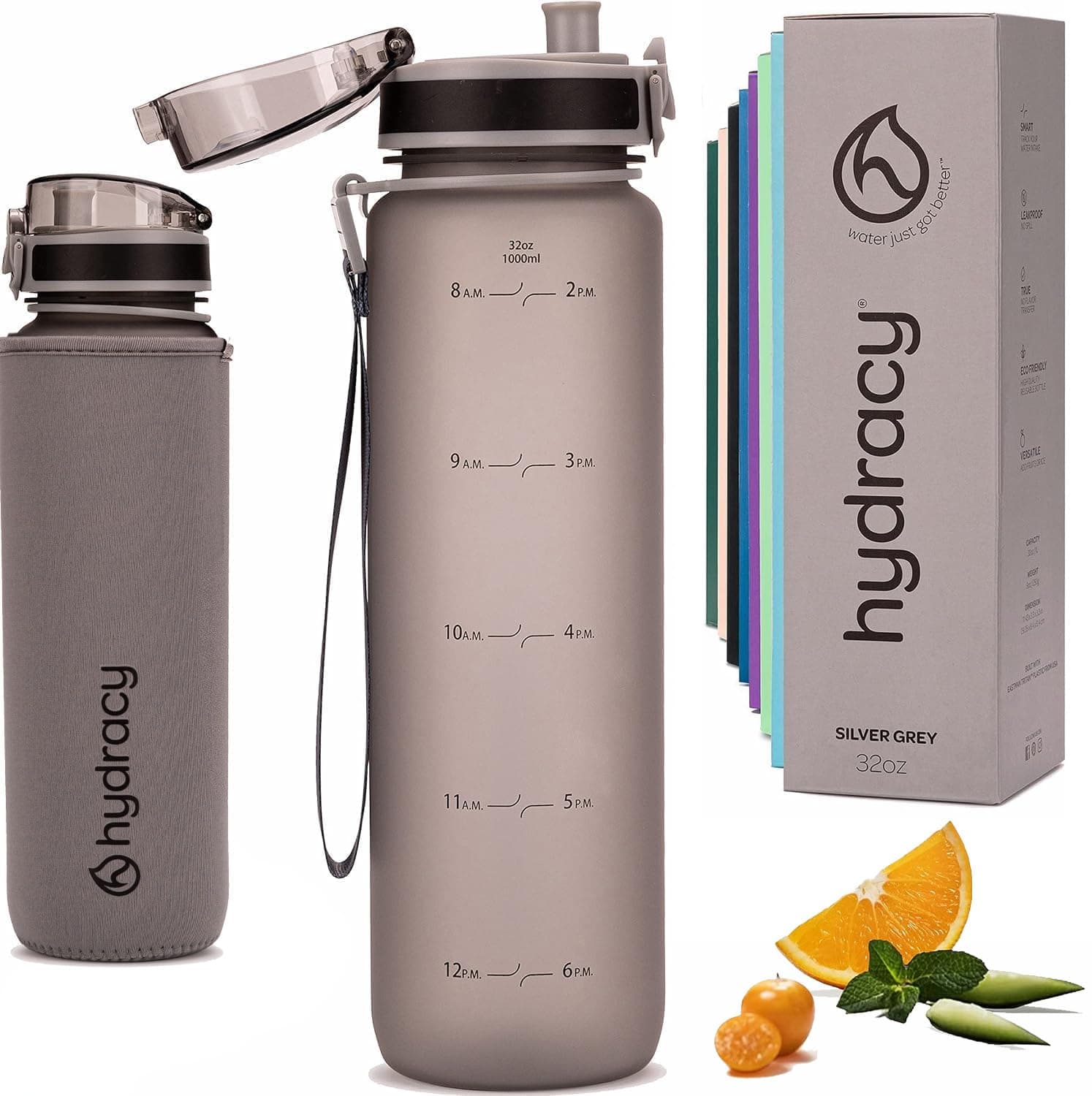 Water Bottle with Time Marker -Large BPA Free Water Bottle & No Sweat Sleeve -Leak Proof Gym Bottle with Fruit Infuser Strainer & Times to Drink -Ideal for Fitness Sports & Outdoors