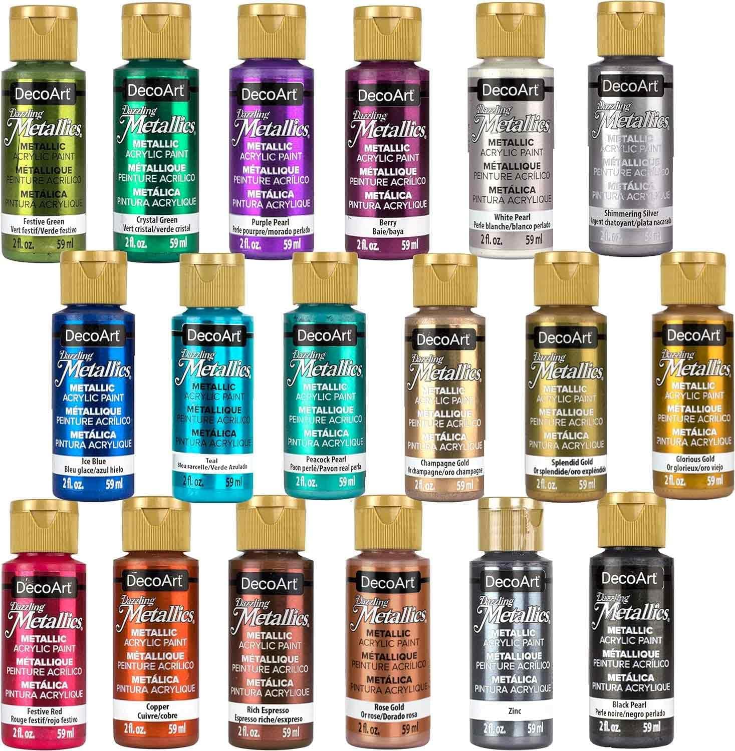 Americana Acrylics Paint DAZZLING METALLICS, Set of 18 Popular Colors, 2 fl oz Bottle (Pack of 18)