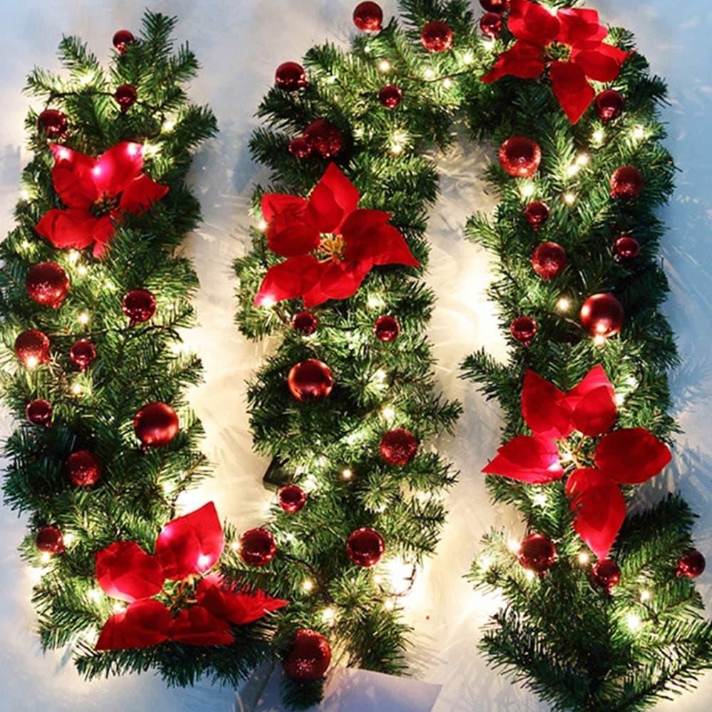 bennyuesdfd 2.7M Decorated Garland Illuminated with Lights Christmas Decoration Xmas Garland for Fireplace Stairs Red Baubles Flowers Xmas Tree Decoration