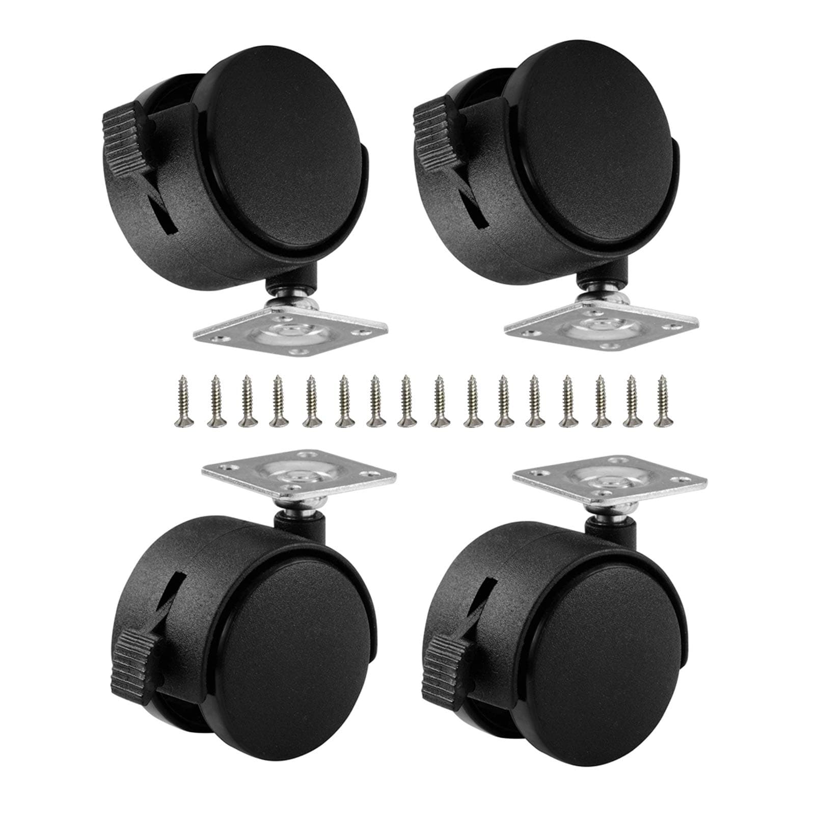 Black Plastic 2 inch Plate Casters with Brakes 360 Degree Rotation Wheels Set of 4 with 16 Screw
