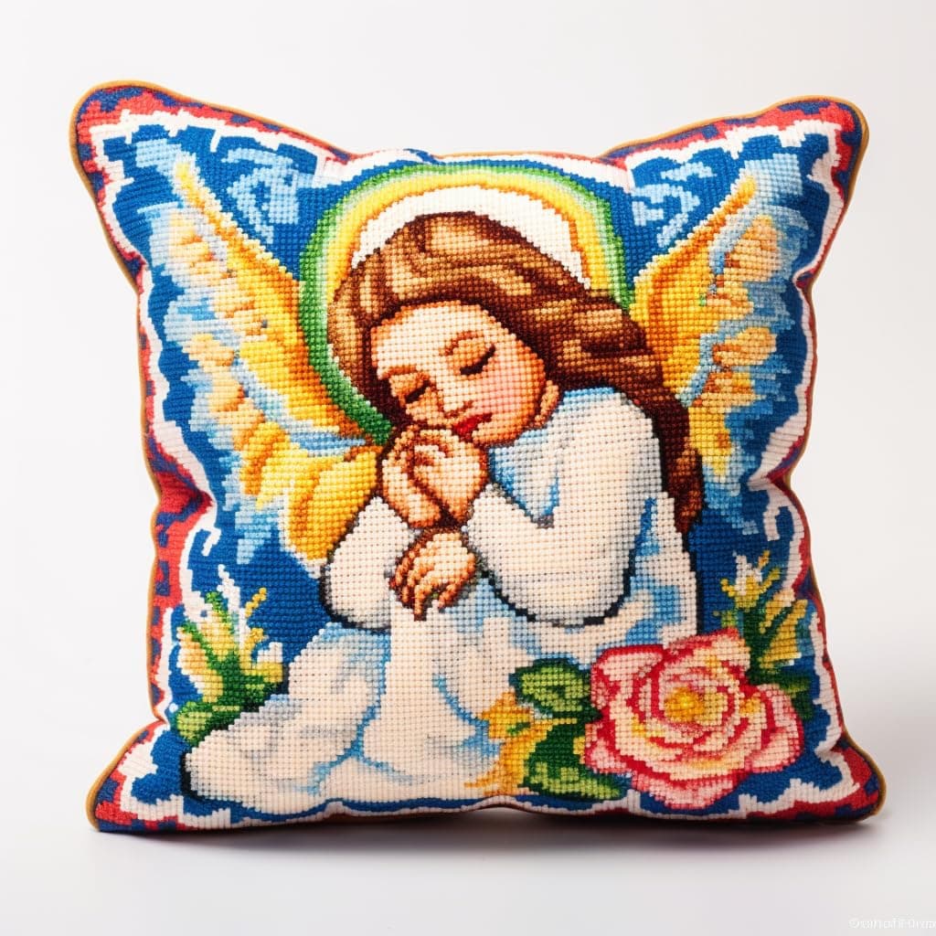 Cartoon Praying Angel Latch Hook Kits Pillow Cover Printed Canvas DIY Cushion Crochet Yarn Needlework Hook Latch Kit Embroidery Pillowcase Rug Home Sofa Christmas Decoration 43x43cm