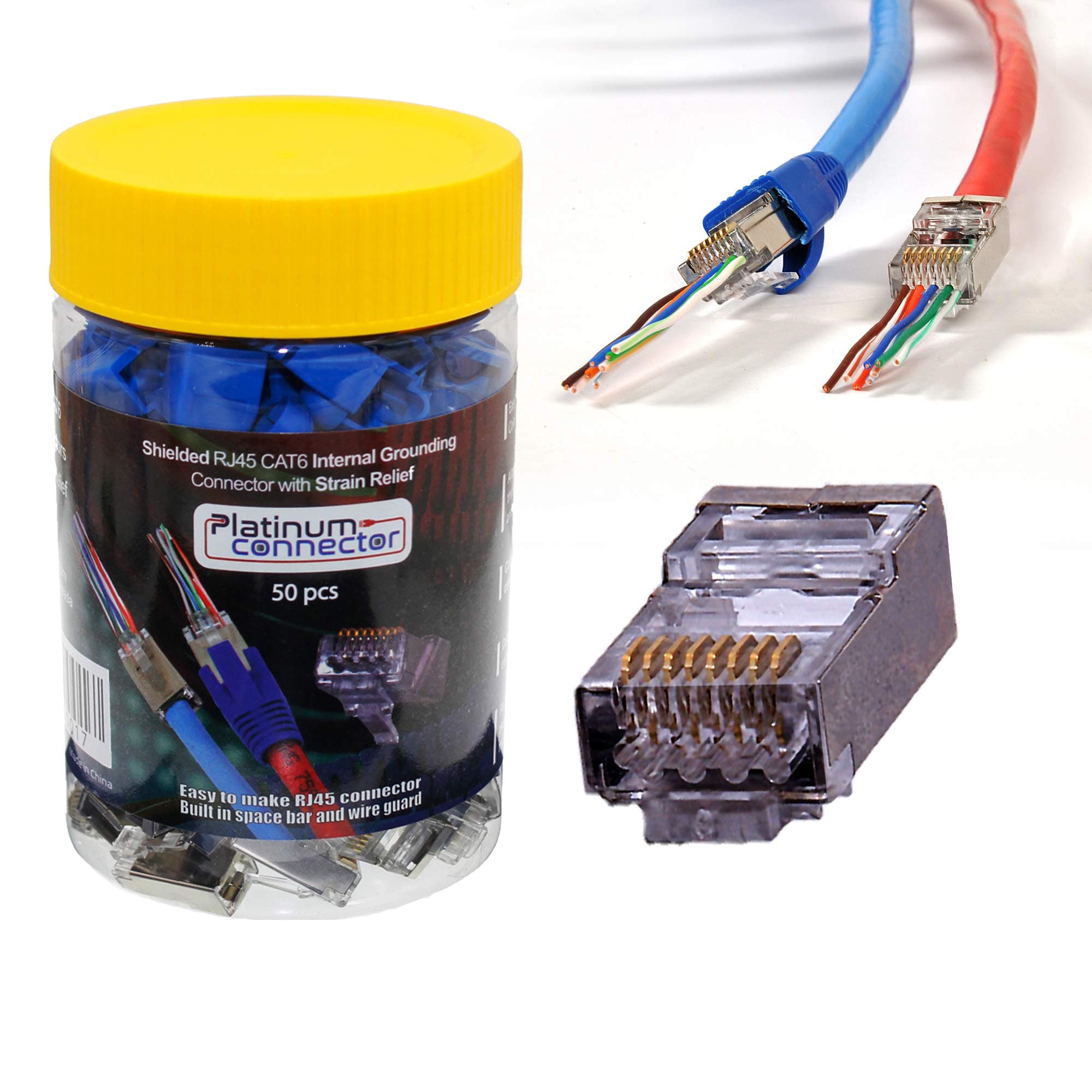 Platinum Connector RJ45 Cat6a/6 FTP snap in clips with Boots (50 count each) - pass through makes connector assembly much easier and less prone to miss-wiring