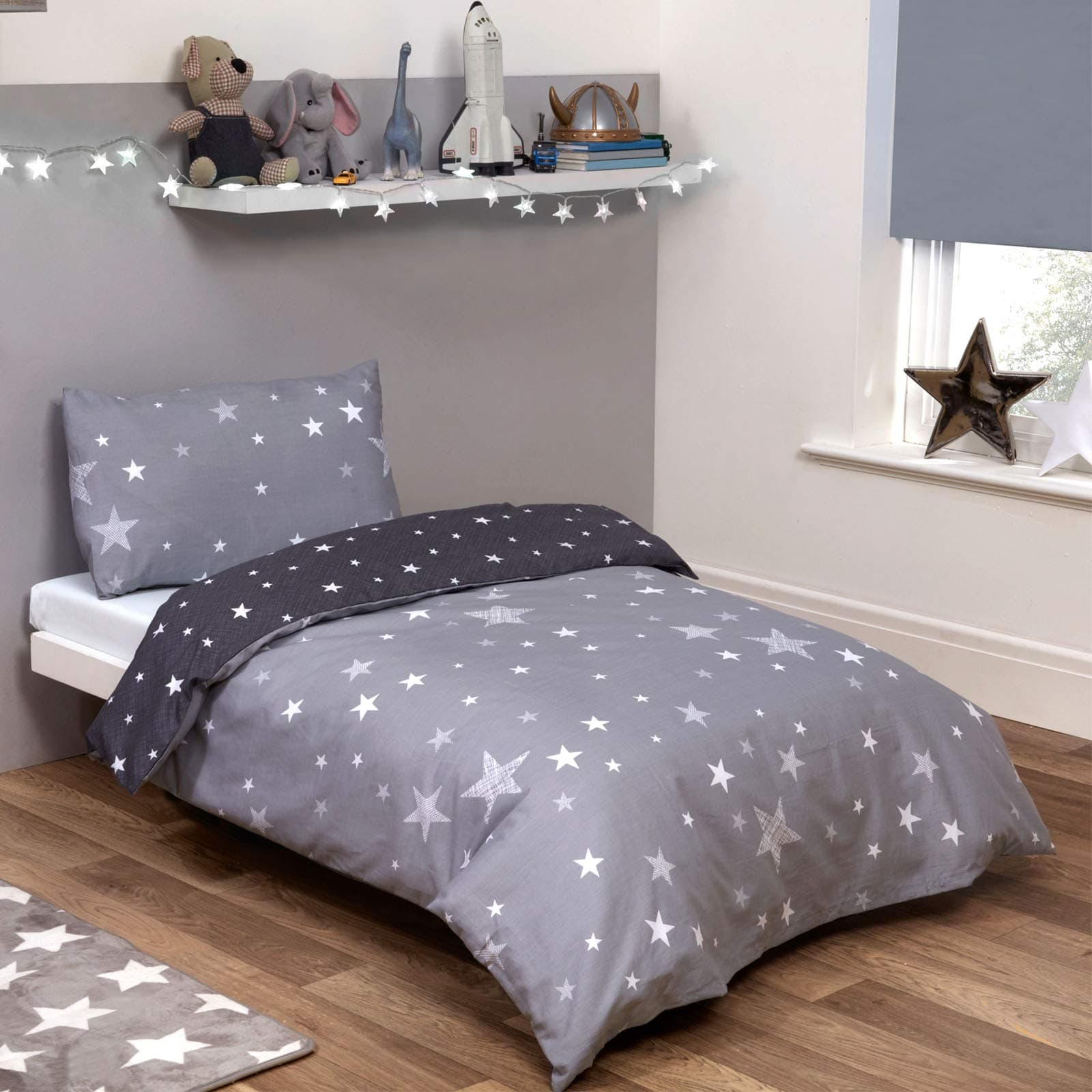 Galaxy Stars Duvet Cover with Pillowcase Kids Reversible Charcoal Bedding Set, Silver Grey,2 pieces, Single