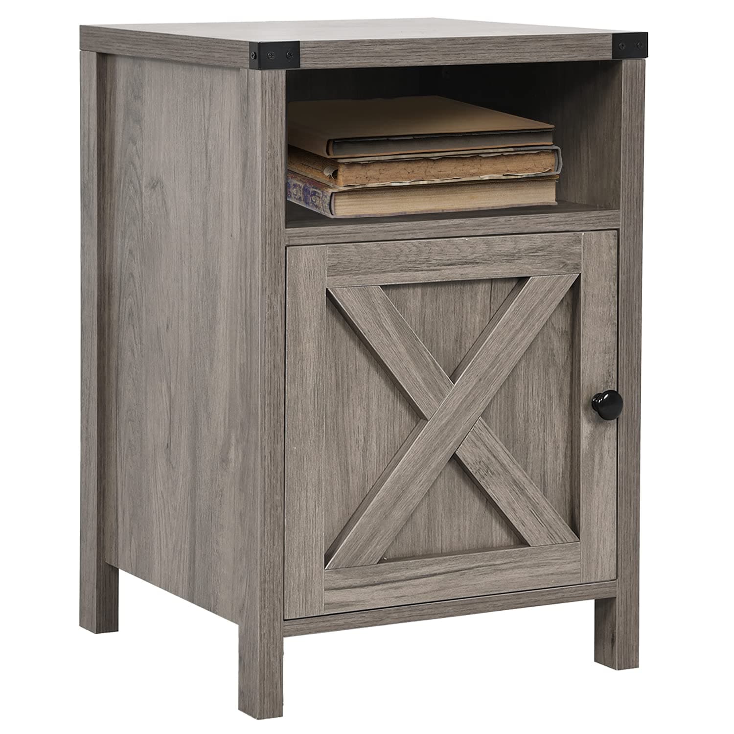 Farmhouse Nightstand, Side Table, End Table with Barn Door and Shelf, Rustic Modern Bed Night Stand for Bedroom, Living Room, Grey Wash