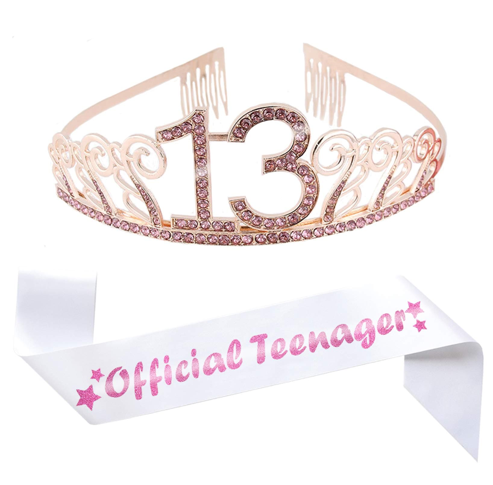 13th Birthday Pink Tiara and Sash, Glitter Satin"Official Teenager" Sash and Crystal Rhinestone Birthday Crown for Happy 13th Birthday Party Supplies Favors Decorations 13th Birthday Cake Topper
