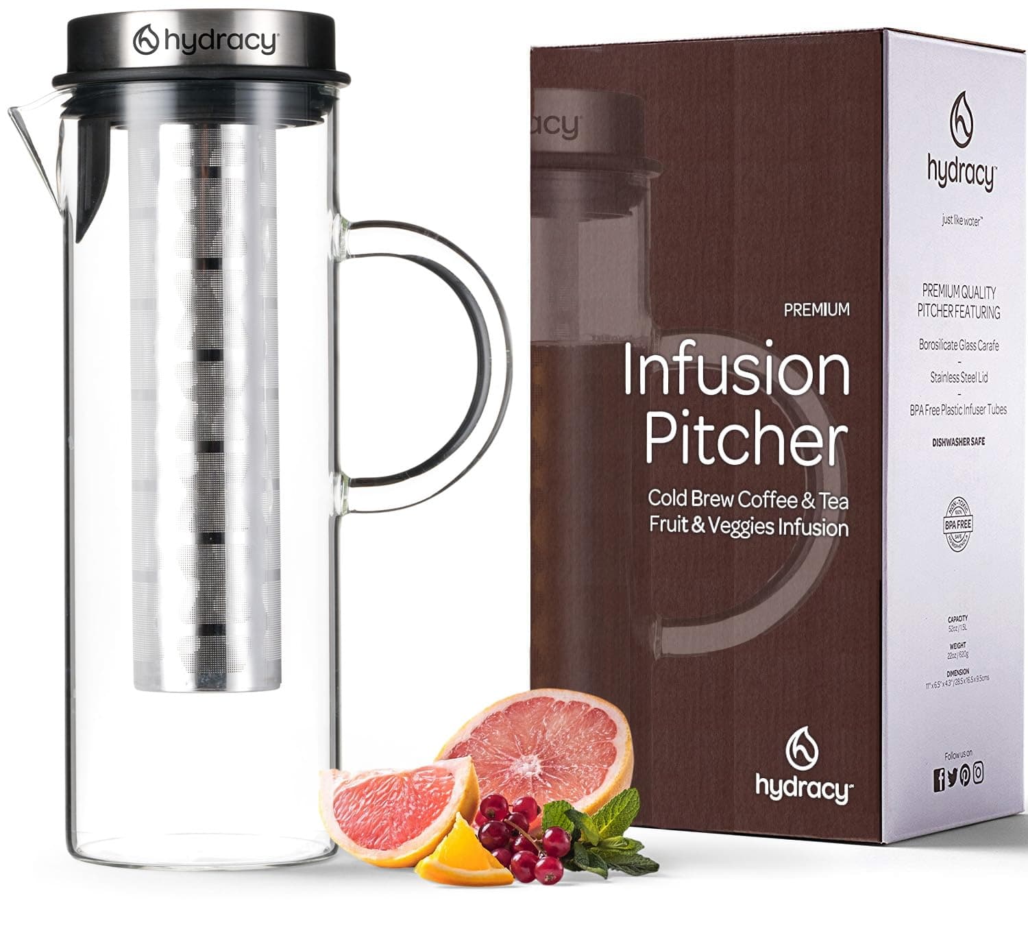 Hydracy Glass Infusion Carafe 1.5L with Handle- Cafetières Hot Coffee Server - Iced Coffee & Iced Tea Jug with Stainless Steel Lid and Filter - Extra Fruit Infusion Tube - Dishwasher Safe Pitcher