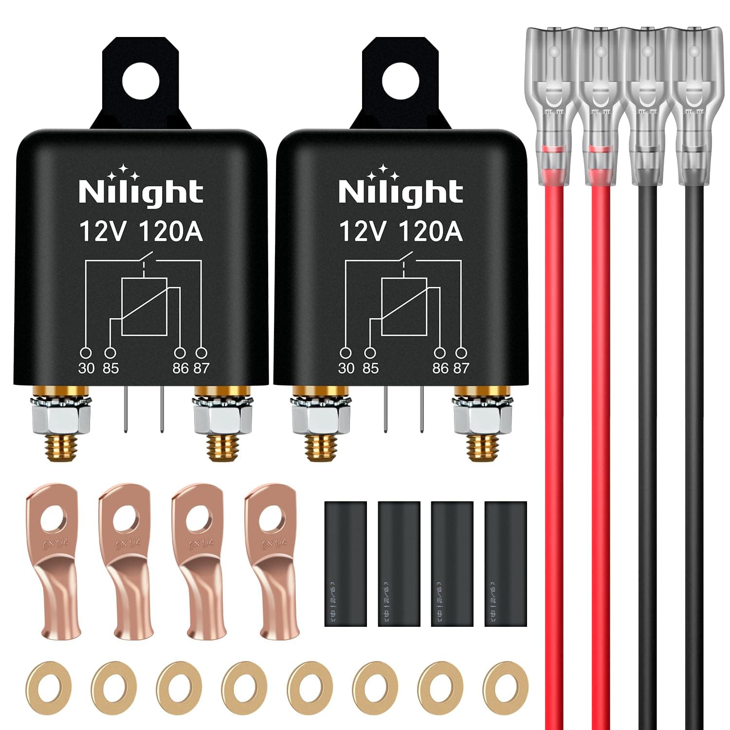 Nilight 2PC 120A Starter Relay 4 Pin Split Charge Relay Switch 12V Continuous SPST High Current 4 Terminal Car Starter Control Relay w/Copper Wire Lugs for Automotive Car Truck Camper, 2 Year Warranty
