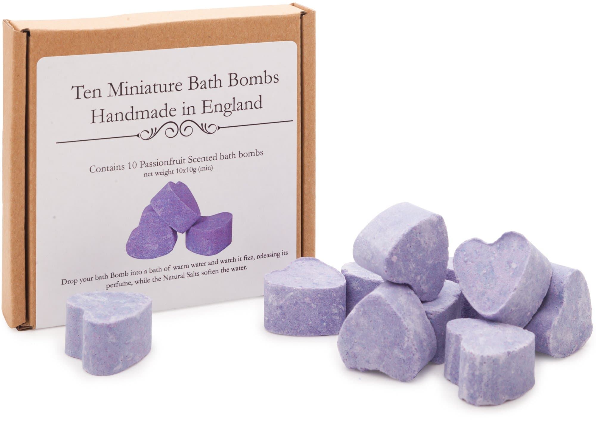 Bath Bomb Gift Set - Bath Fizzers, 10 mini heart shaped handmade Passionfruit bath bombs in a gift box.