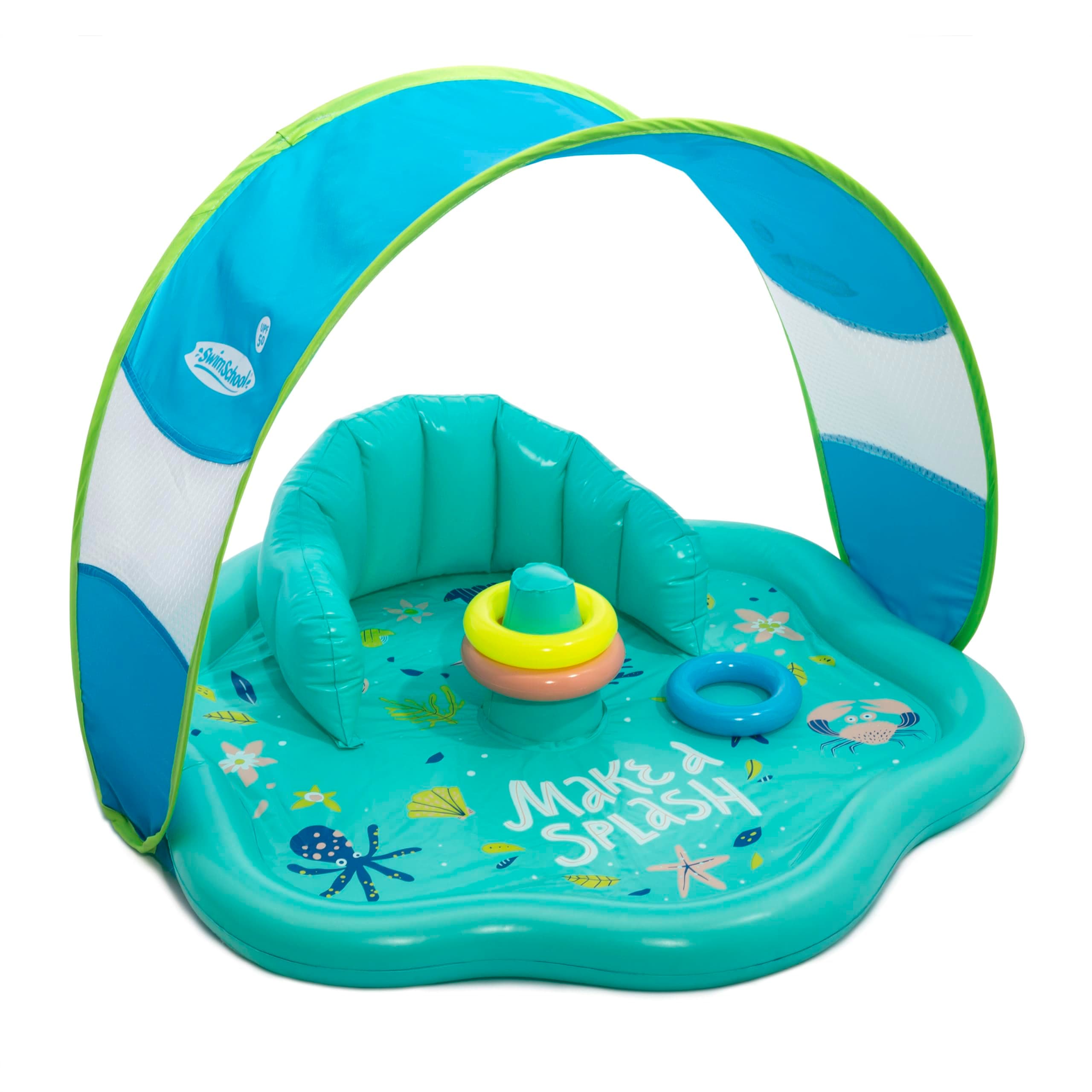 SwimSchool Splash Play Mat, Inflatable Kiddie Pool with Backrest and Canopy