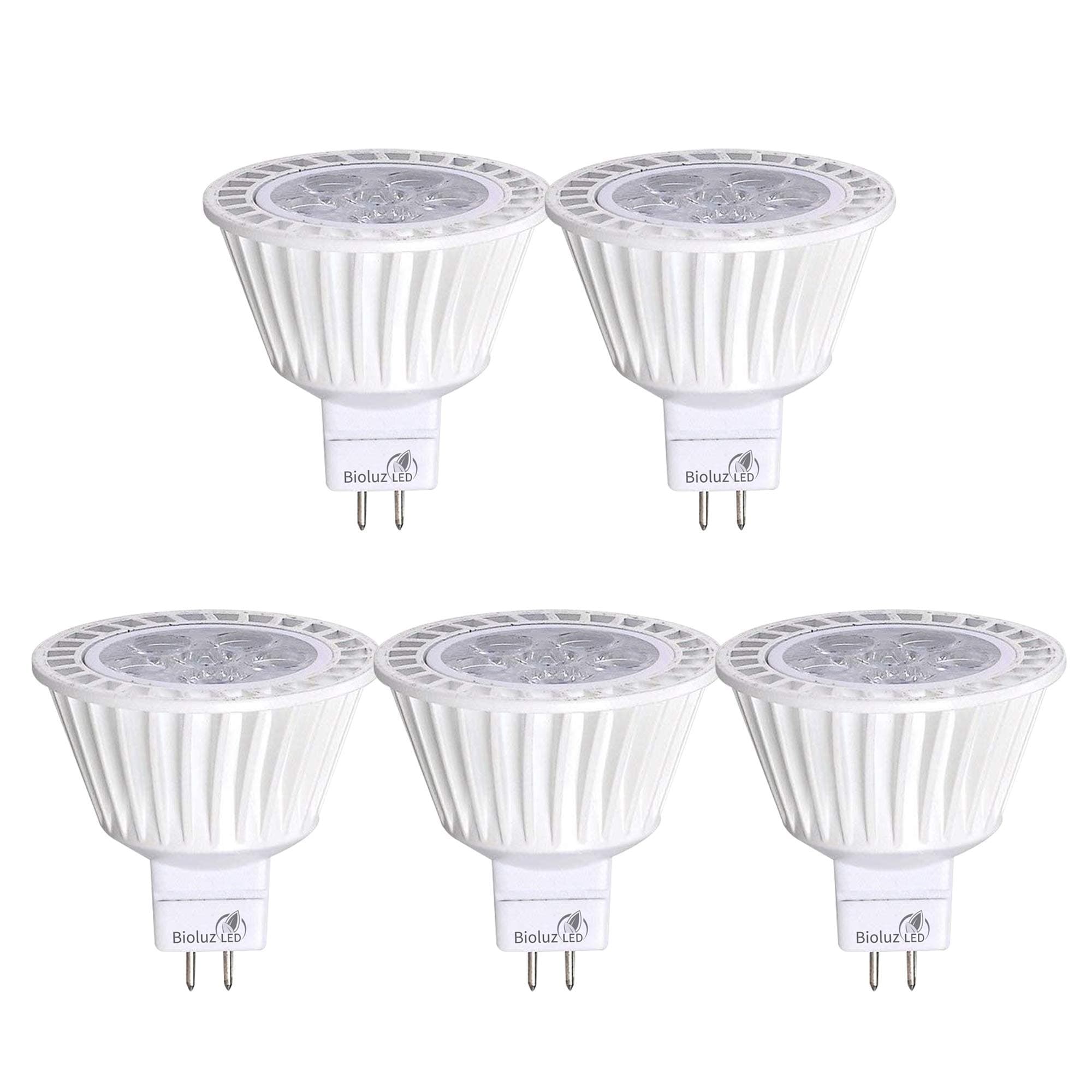 Bioluz LED 5 Pack MR16 50 Watt Halogen Equivalent Dimmable Bulb uses 7W, Halogen 3000K 12V AC/DC, UL Listed, High CRI for Low Voltage Recessed Lights, Track Lights and Landscape Fixtures.