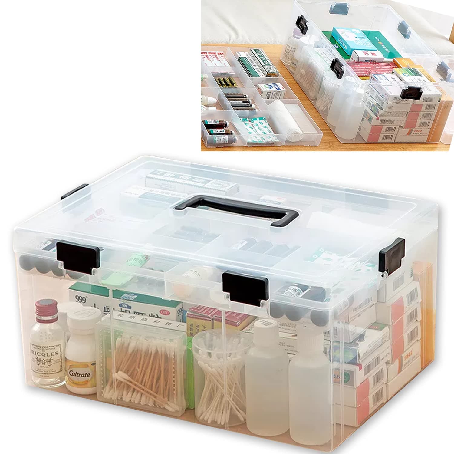 Large Plastic Medical Storage Box, Family Emergency Medical Travel Kit, Child Proof Medicine Box Organizer Pill Case With Compartments And Handle, Medicine/Toys/Tools Storage Organiser