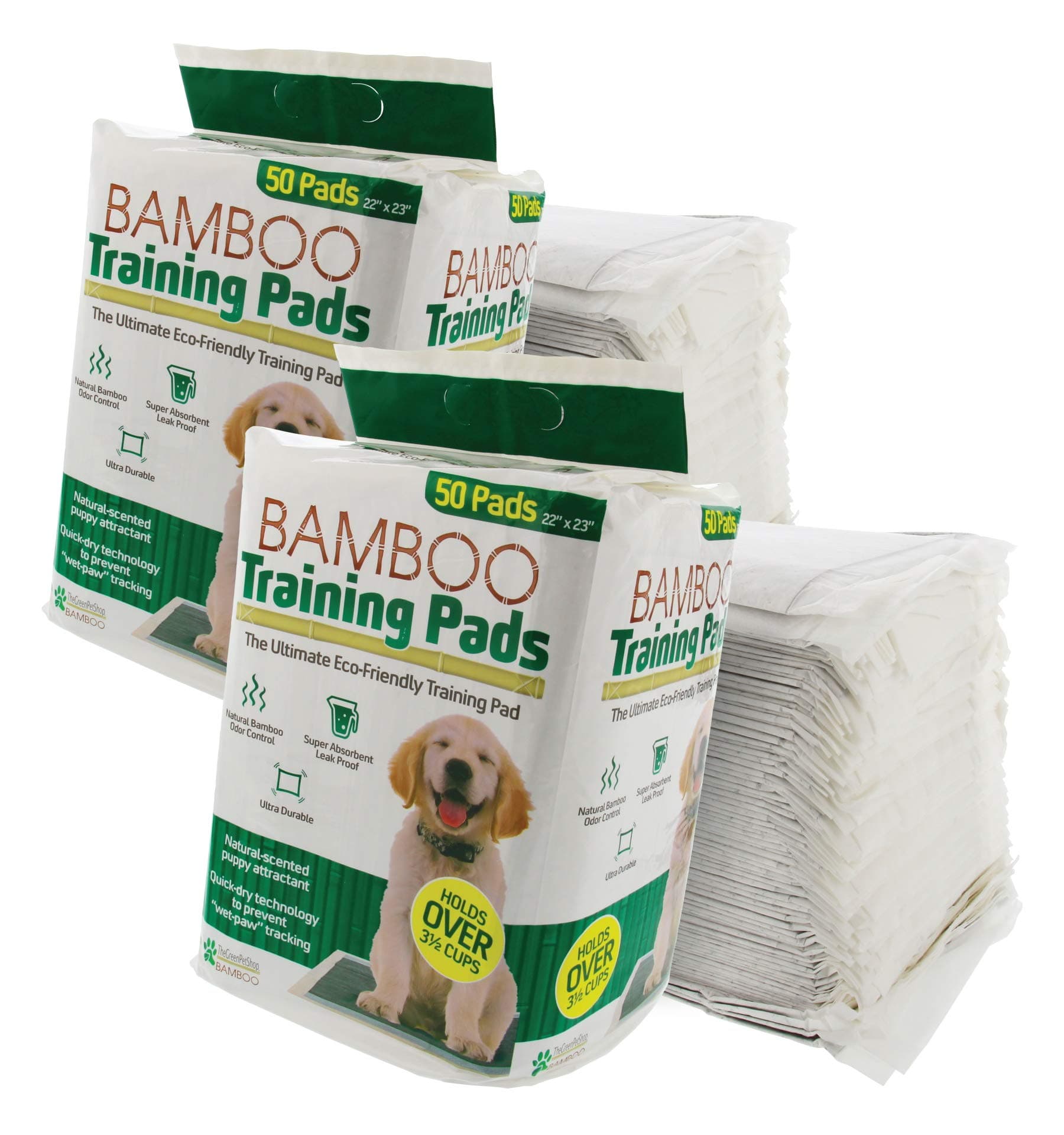 Bamboo Dog Training Pads by The Green Pet Shop – 100 Count, Super Absorbent Pads with Prolonged Odor Control – Ideal Puppy Training Pads or Incontinence Pads for Senior Pets – 22 x 23 Inches