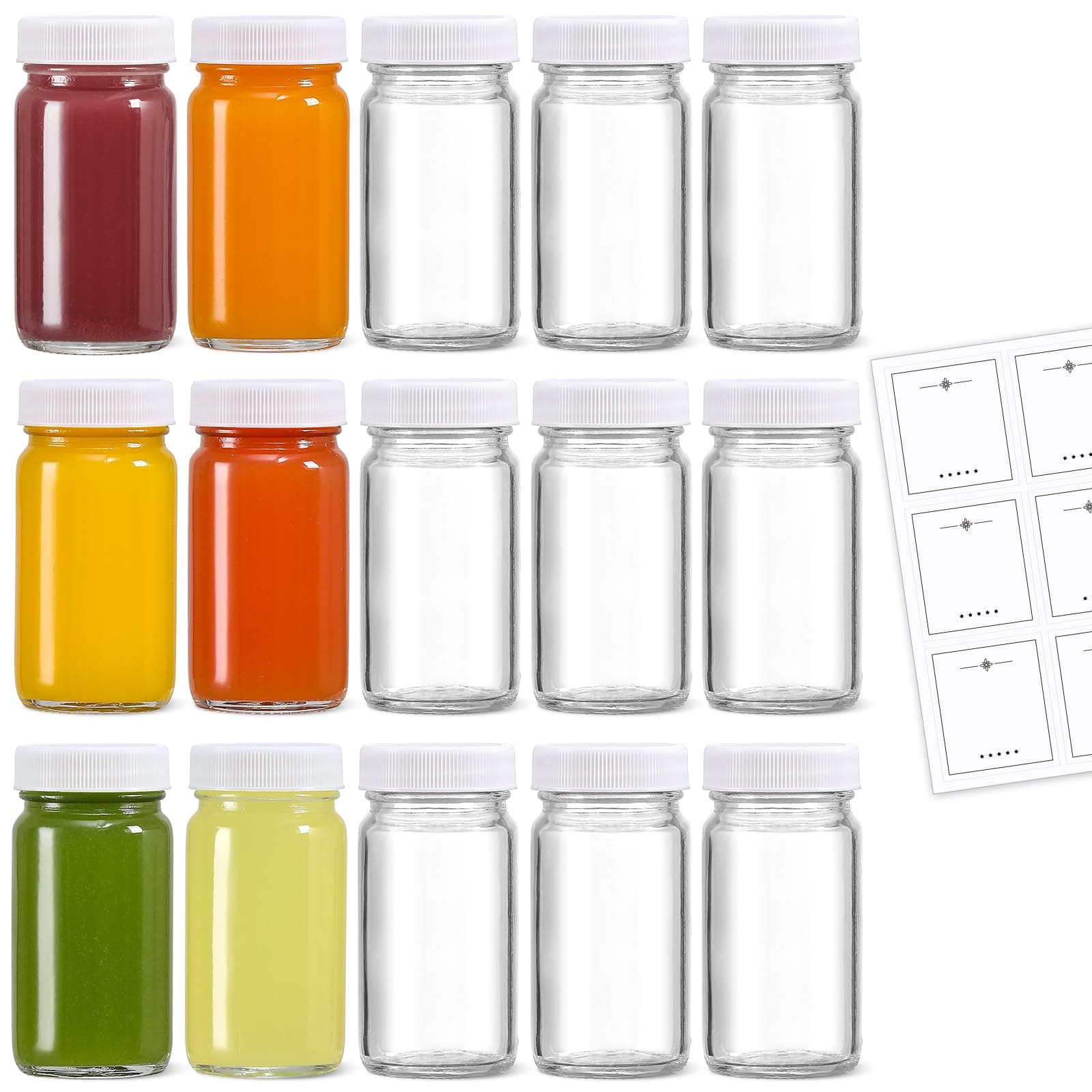 LANDNEOO 15 Pack 2 oz Glass Shot Bottles w/White Lids & 15 Labels - Small Clear Jar for Ginger, Wellness Shot, Juice, Sample, Whiskey - Travel Mini Bottles - Wide Mouth, Leakproof, Dishwasher Safe