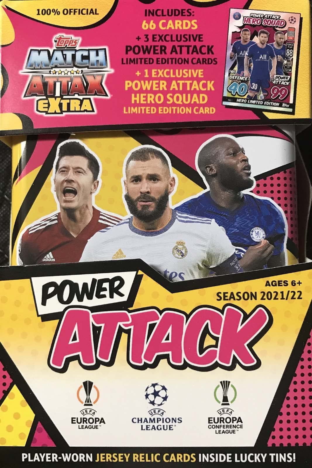 Topps 2021 2022 Match Attax EXTRA Edition POWER ATTACK UEFA Champions League Sealed MEGA Tin with an Exclusive Lionel Messi, Mbappe and Neymar POWER ATTACK HERO SQUAD Card