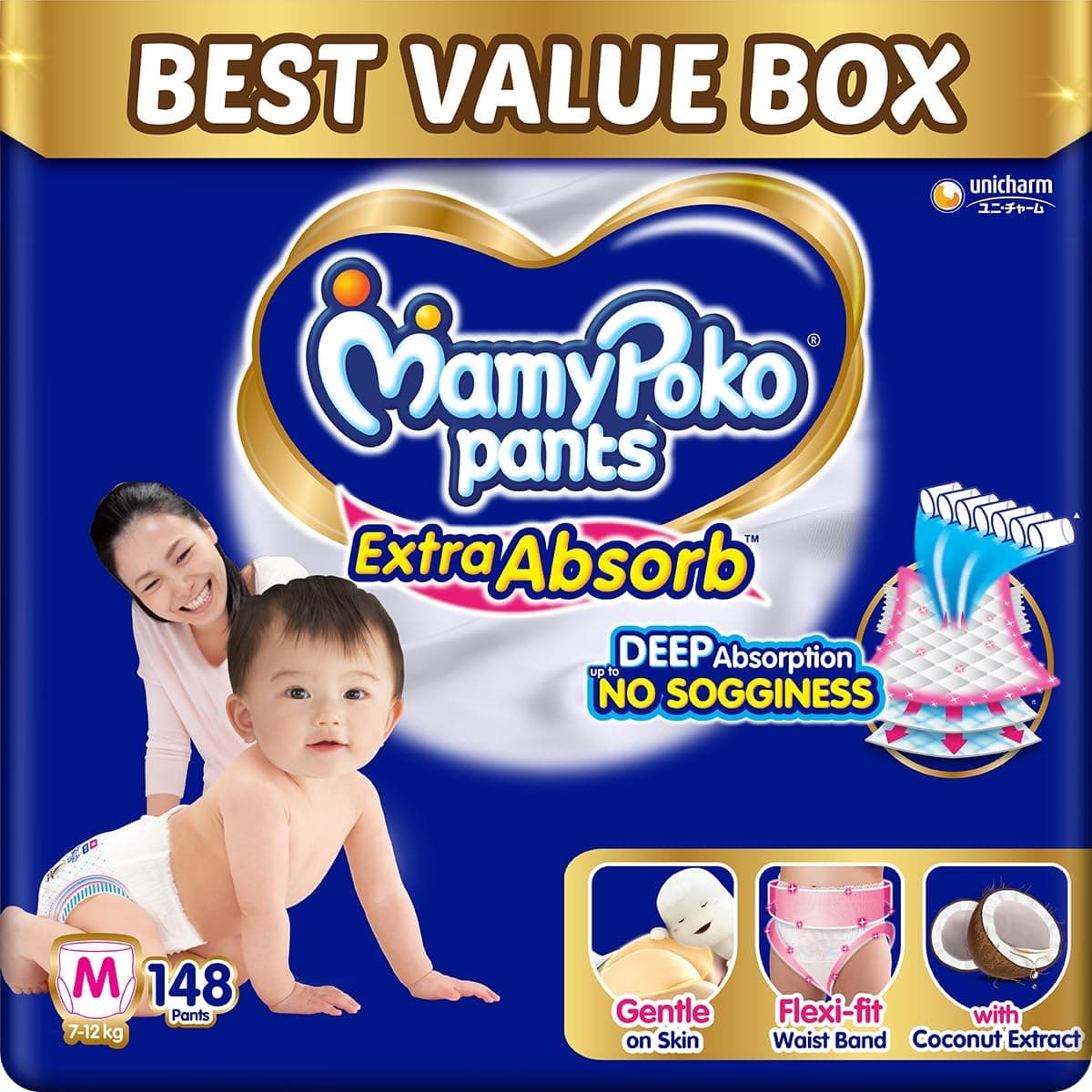 MamyPoko Pants Extra Absorb Baby Diapers, Medium (M size) | 7-12 kg | 148 Count |Deep Sleep Diapers| Soft gentle fit |Deep Absorbent Crisscross | skin friendly with coconut oil | (74 count, Pack of 2)