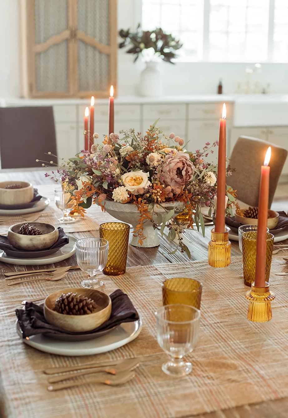 Vixdonos Taper Glass Candlestick Holders Tealight Candle Holders for Table Centerpieces, Wedding Decor and Dinner Party (3 Pcs, Amber)