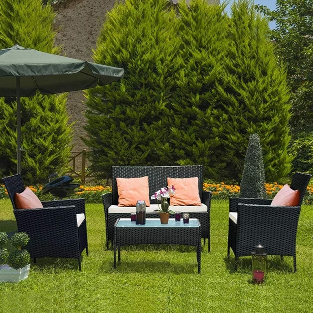 Rattan Garden Furniture Set, 4 piece Patio Rattan furniture sofa Weaving Wicker includes 2 Armchairs,1 Double seat Sofa and 1 table (Black)