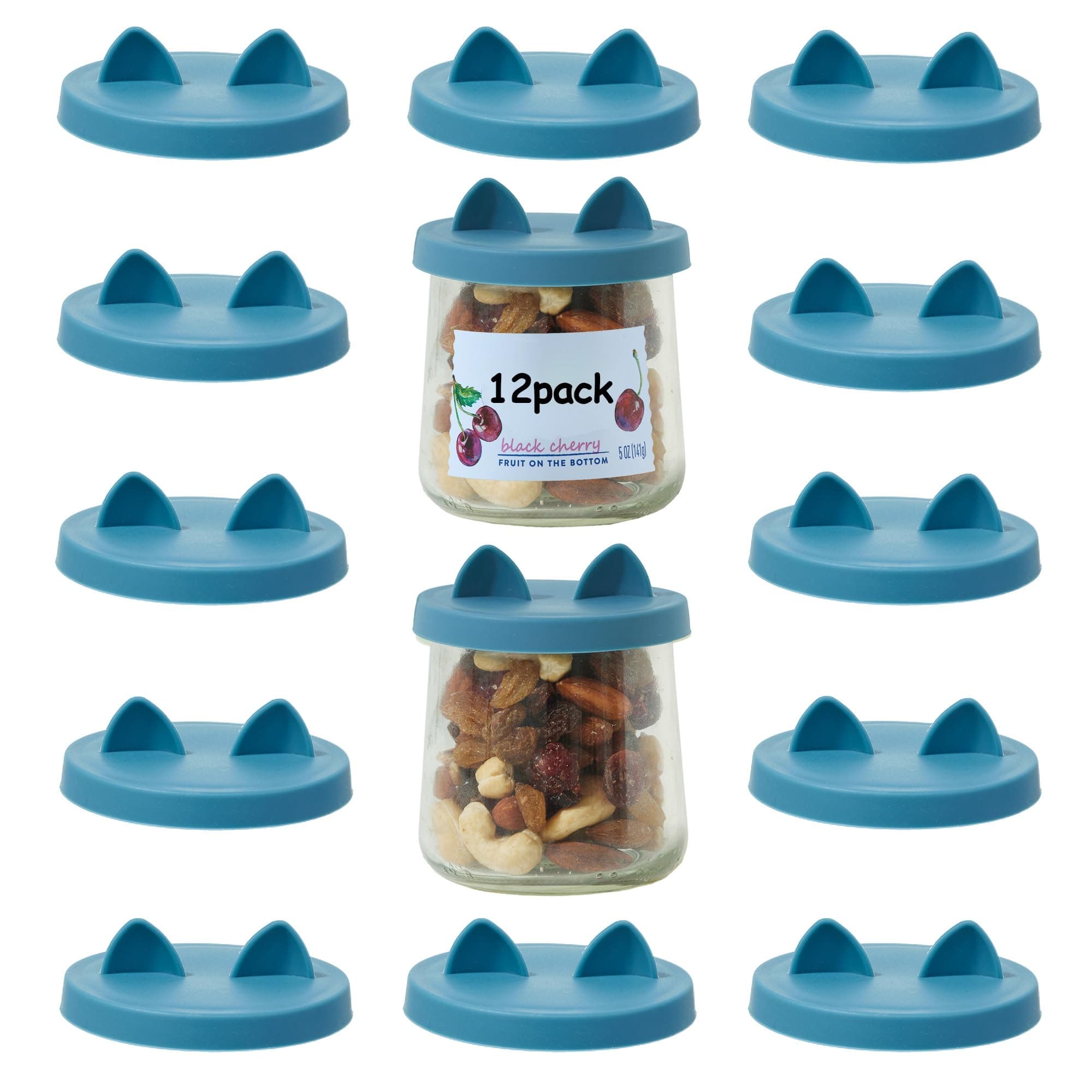 Oui Yogurt Jar Lids Silicone - 12 Pack Dark Blue Patent Authorised Design for 5 Oz Oui Yoghurt Glass Jars, Lids Only, Leakproof, Reusable, Food-Grade, Cute