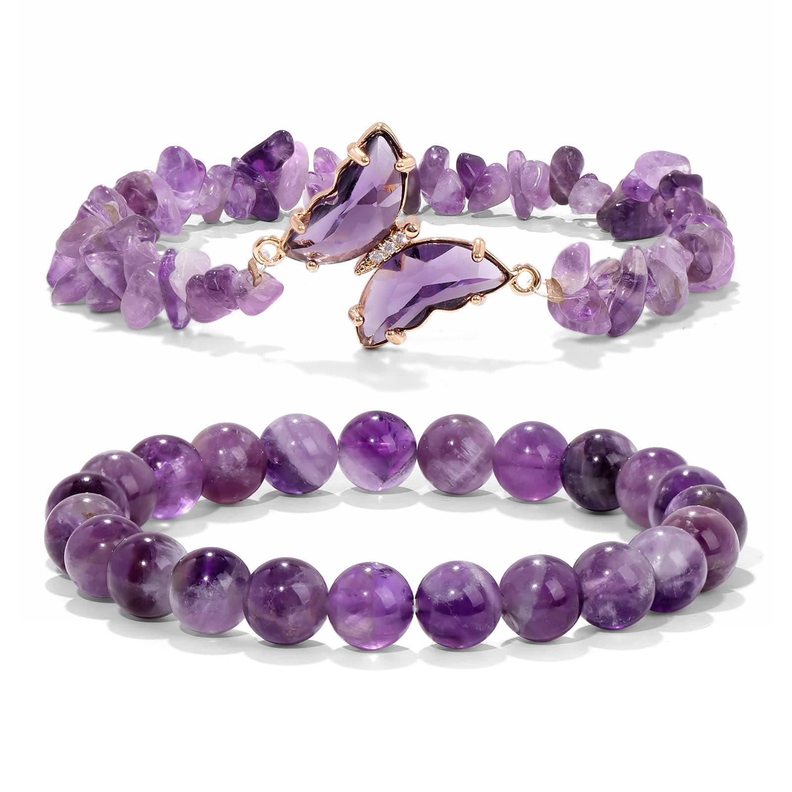 GolbalJew Amethyst Bracelet For Women Anxiety Amethyst Beaded Bracelets Butterfly Charms Healing Stone Layered Bracelet Gifts For Women