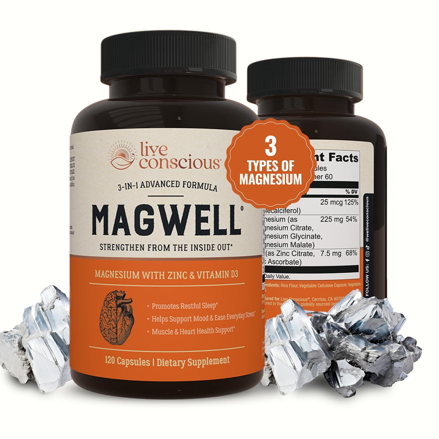 Live Conscious Magwell Magnesium Zinc & Vitamin D3 - Magnesium Glycinate, Malate, & Citrate - Triple Supplement for Women & Men - for Sleep, Bone, Heart, Immune Support - 120 Caps