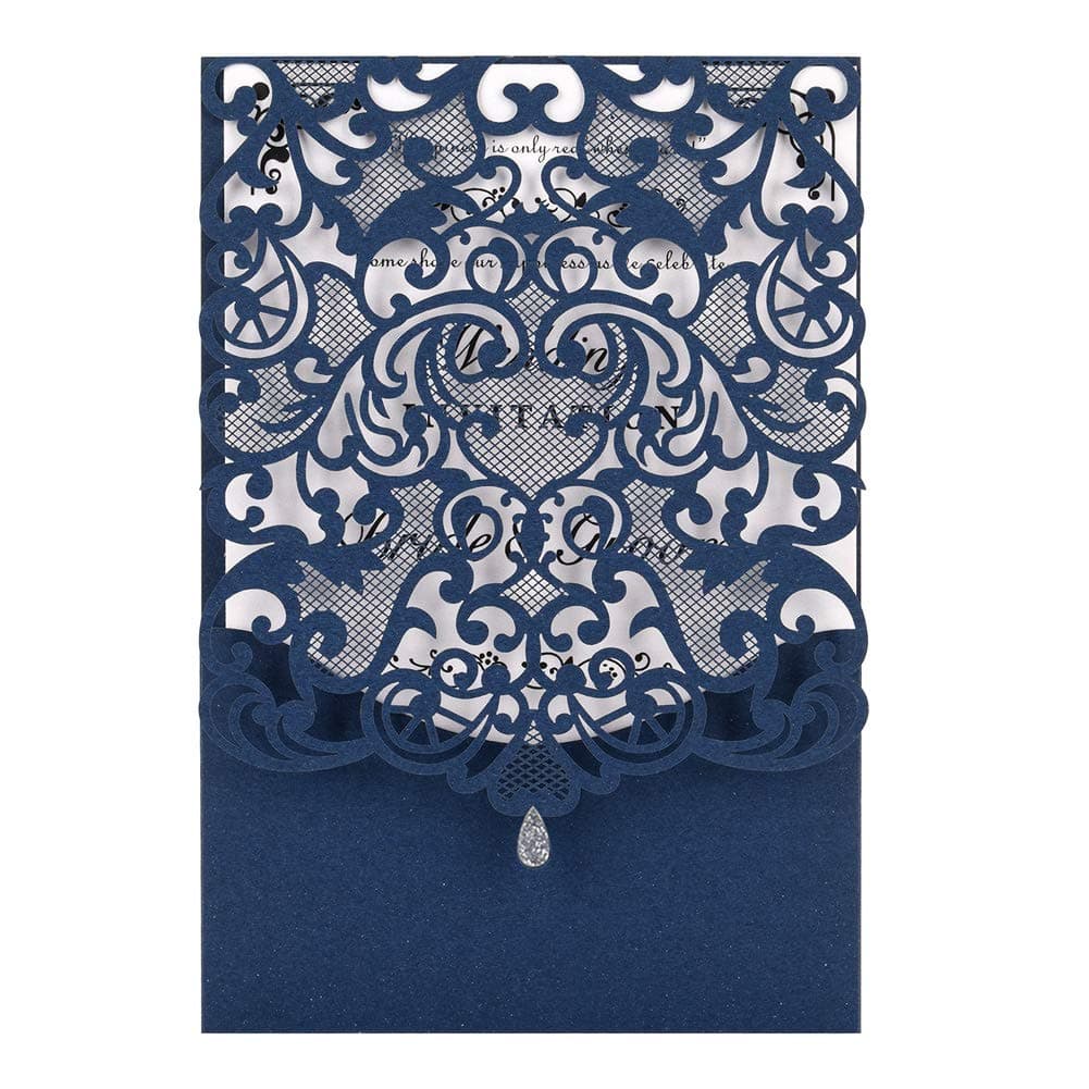 Eleva Laser Cut Wedding Invitation Kit 50 Pack Laser Cut Wedding Invitations with Envelopes Blank Inside Cards for Wedding,Birthday Parties,Baby Shower (Navy Blue)