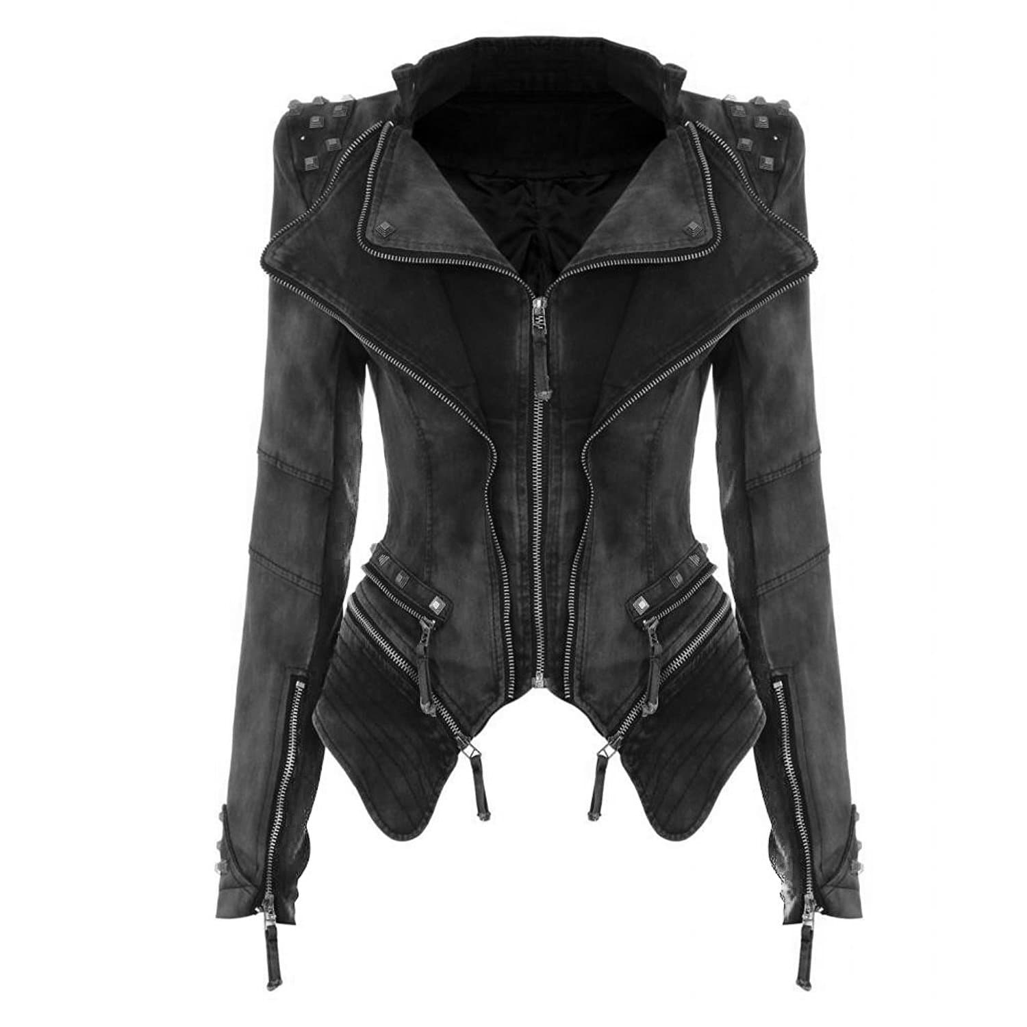 BAINASIQI Womens Punk Spike Studded Shoulder Vintage Denim Jacket Jeans Coat